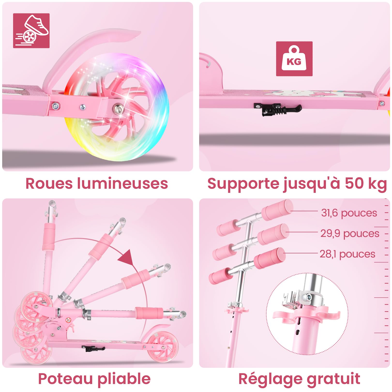 Trottinette pour Enfants de 3 à 12 Ans, Design Pliable léger, Hauteur réglable à 3 Niveaux, Conduite Fluide et silencieuse, Cadeau pour Filles, garçons, intérieur et extérieur