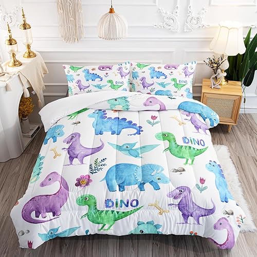 Miniatura 8 de Juego de edredón de dinosaurio de dibujos animados, tamaño individual, juego de ropa de cama de dinosaurio kawaii de 3 piezas, decoración de corazón