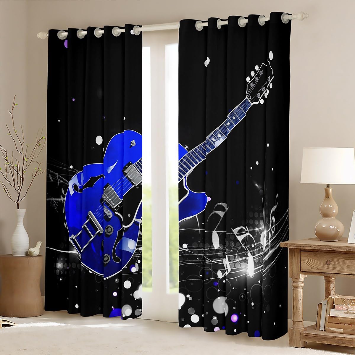 Homewish Blue Guitar Window Curtains,Electric Guitar Curtain,Rock Music Theme Window Drapes for Kids Teens Boys Young Man,Modern Bedroom Decorative,Music Notes Curtain,42Wx63L