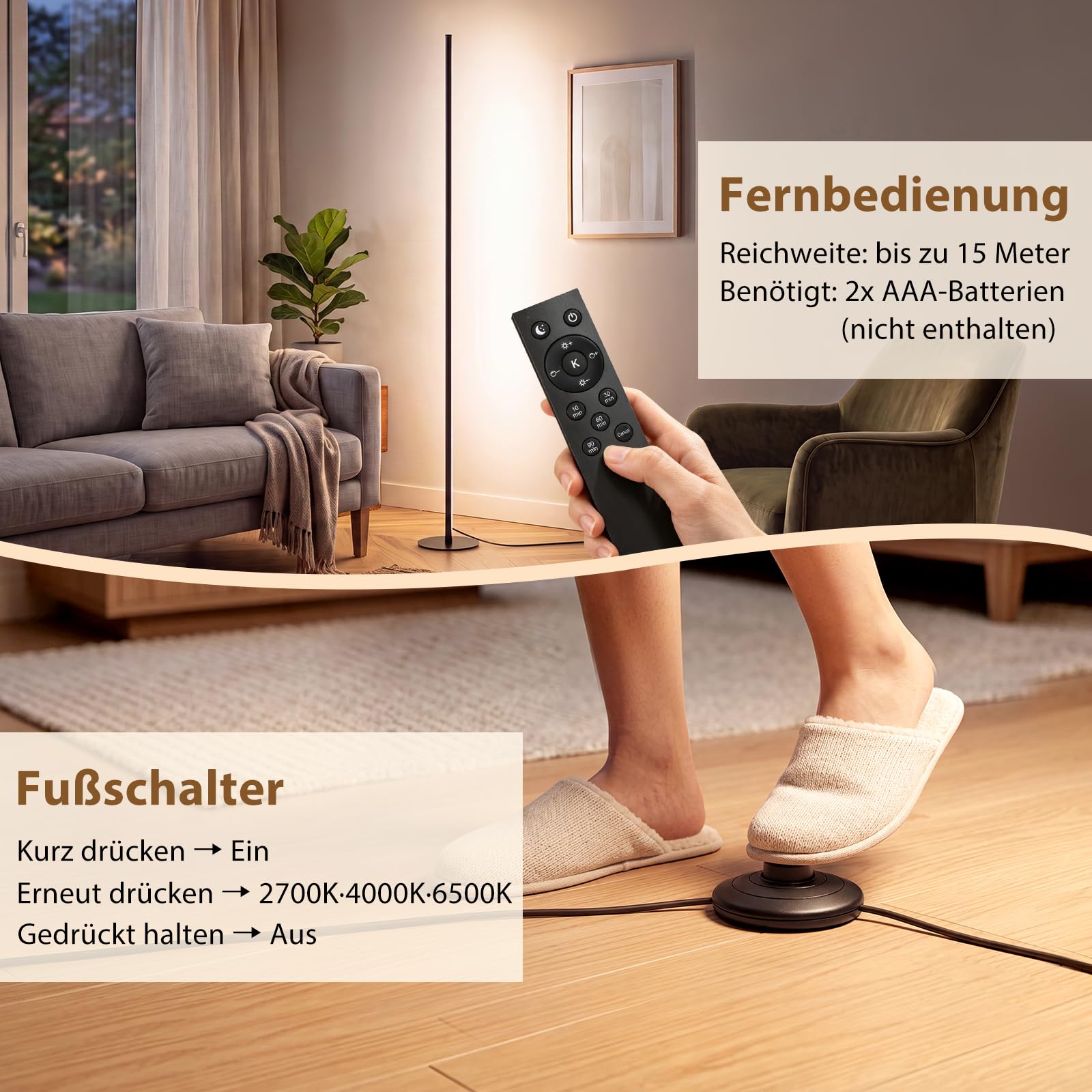 LED Stehlampe Wohnzimmer Dimmbar - 150cm Modern Stehlampe mit Fernbedienung 2700-6500K, Timing-Funktion Indirekte Beleuchtung Wohnzimmer Ecklampe für Schlafzimmer Gaming-Zimmer Deko Wohnzimmer-Schwarz