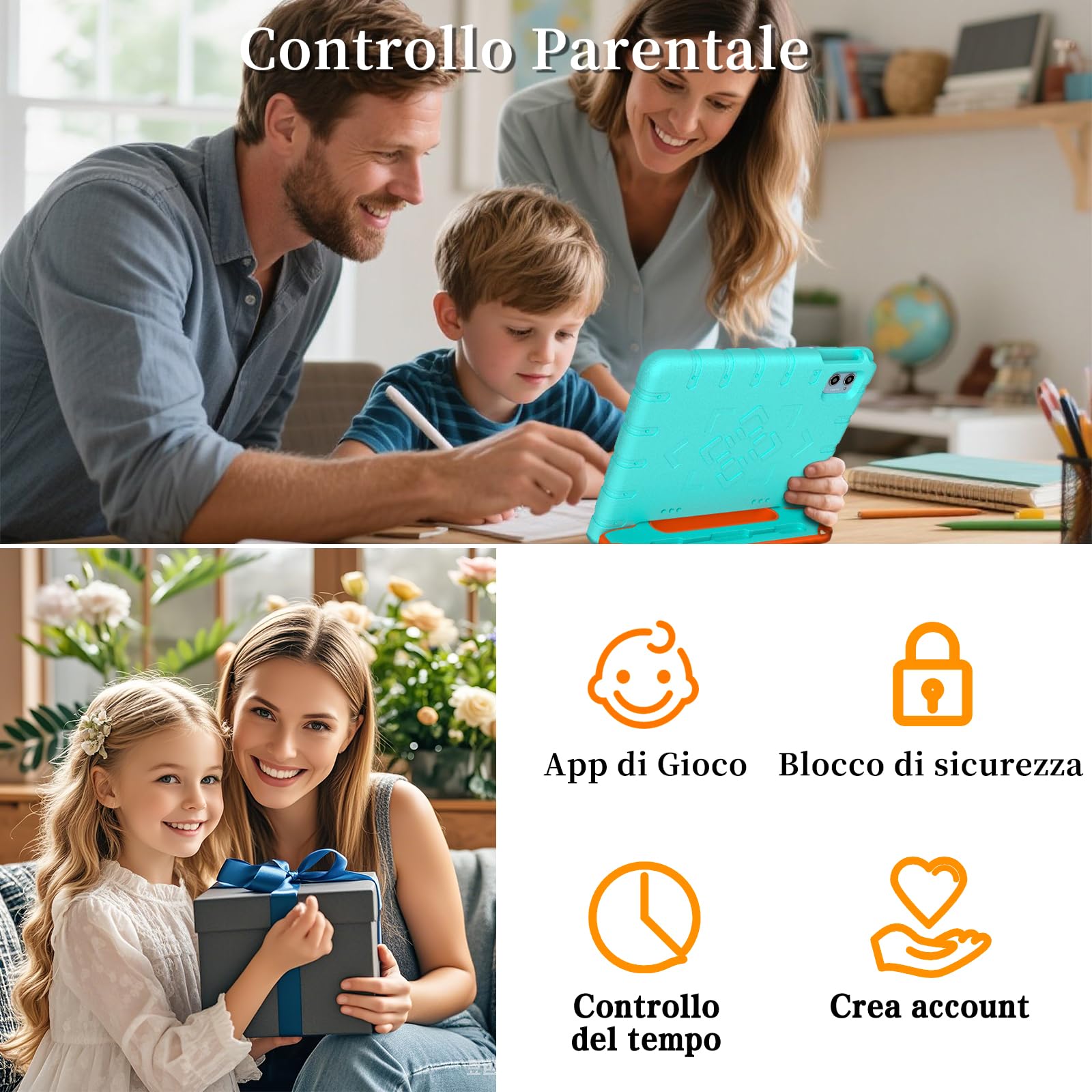 ZIOVO Tablet Bambini 10 Pollici Tablets Android 15, 30GB RAM+64GB ROM(TF 2TB), 5G WiFi Tablets,Gemini AI/Octa-Core/Widevine L1/Face ID/Parentale Controllo/6000 mAh/BT 5.0, Tablet con Eva Caso-Verde