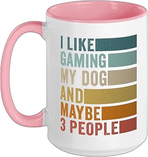 I Like Gaming My Dog And Maybe 3 People Vintage Retro Ceramic Mug, Pink/White, 15oz