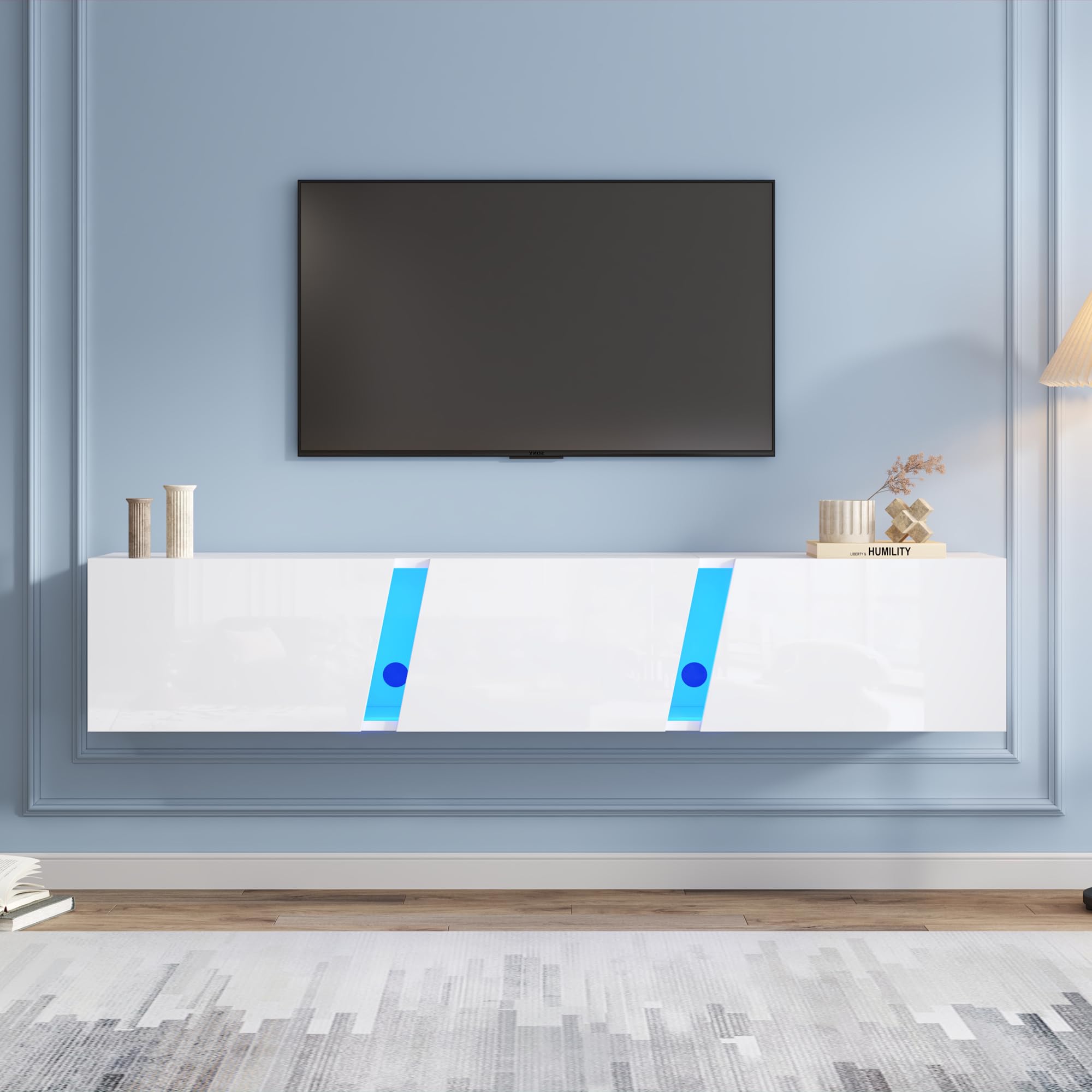 Merax Mueble bajo para TV, color blanco brillante con iluminación LED, mueble de TV con puerta plegable, soporte para TV de 75 pulgadas, estante de TV montado en la pared, 180 cm, para salón