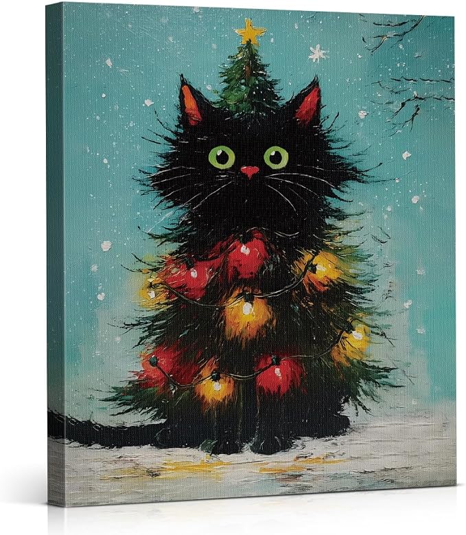 Funny Cat Christmas Tree Wall Art Print Vintage Xmas Tree Cat Picture Artwork Holiday Christmas Wall Decor for Home Living Room Bedroom 8x10 Inch Framed