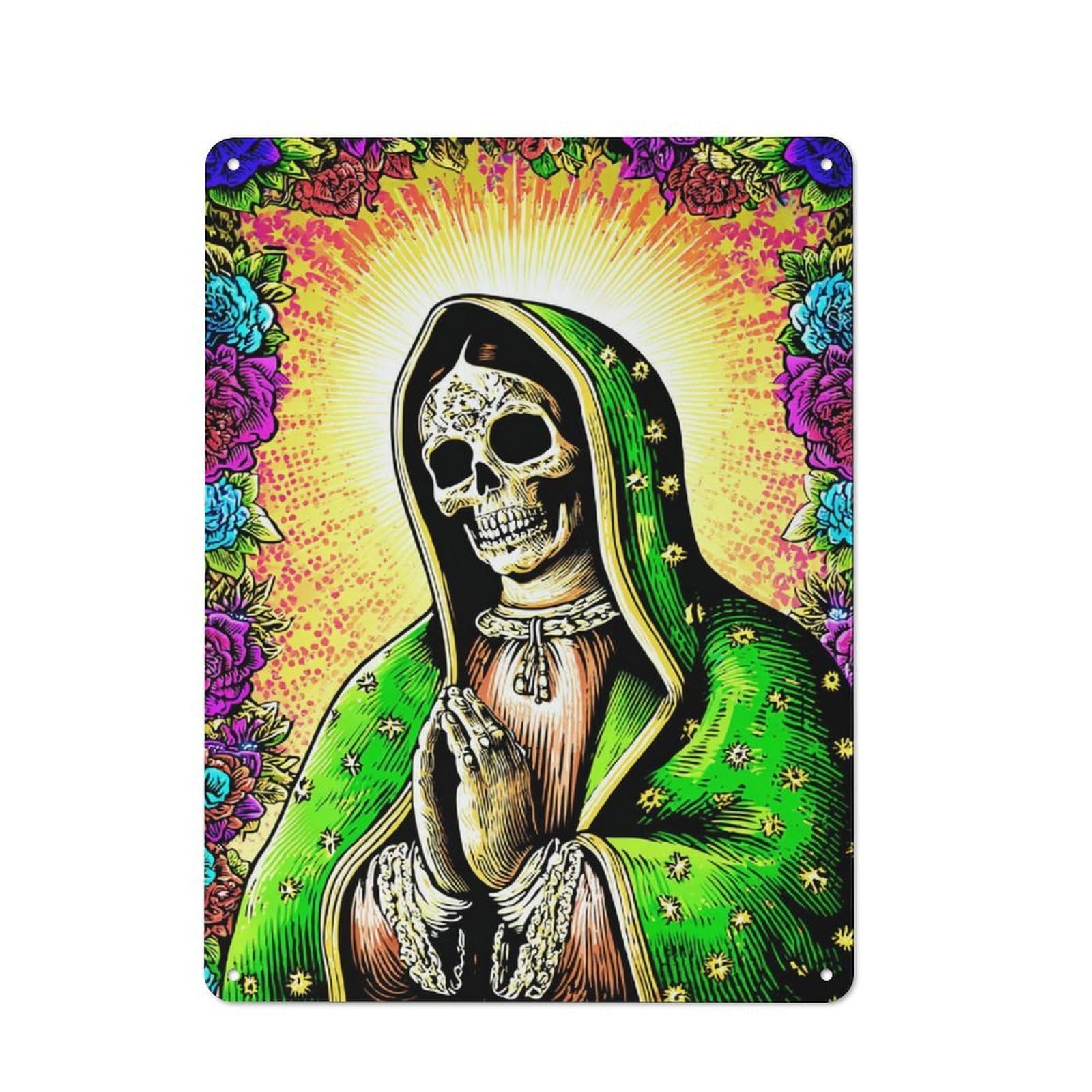 Junmoney Skull Virgin With Flowers Metal Sign 40X30cm With For Workshop Wall, Rustic Decor, Wall Decoration For Workshops And Hobby Rooms