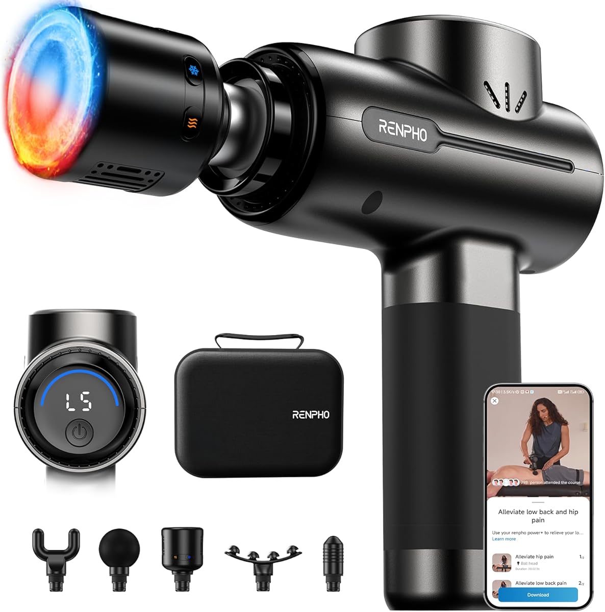 RENPHO Massage Gun with Heat and Cold, FSA Eligible HSA, Valentines Birthday Gifts for Women Men, Portable Percussion Muscle Deep Tissue Massager for Back and Neck, Handheld Massager with Carry Case