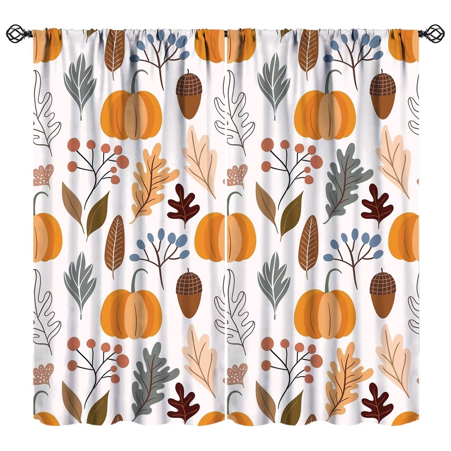 Autumn Window Curtain, Autumn Pumpkin Maple Leaves Harvest Plants Farmhouse Decor Room Darkening Door Window Rod Pocket Curtain for Living Room Bedroom Kitchen W84xL84in