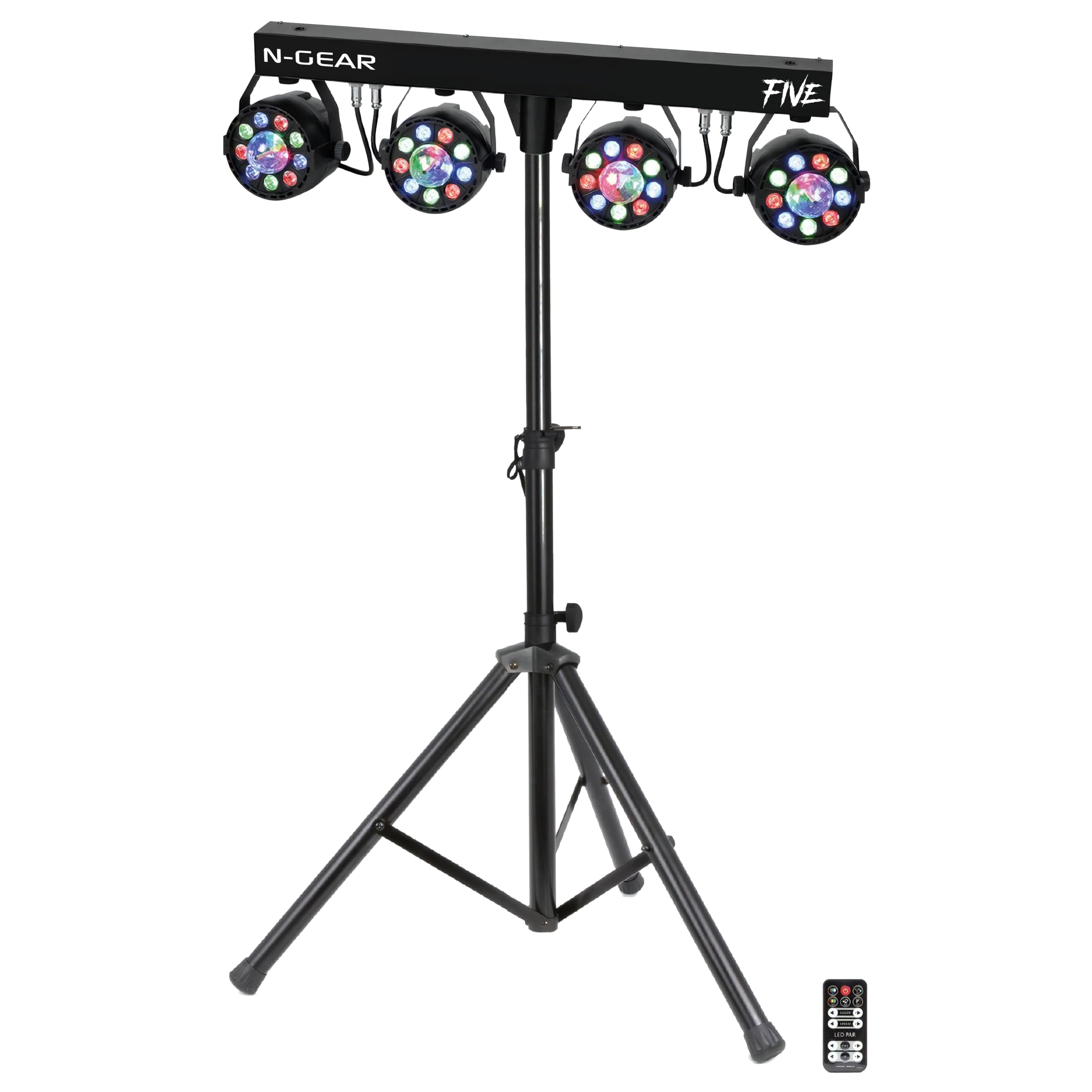 N-Gear PartyBar Five Barra de Luces LED PAR RGB DJ con Trípode y Mando | 4 focos PAR RGB - control DMX y modo música - mando a distancia - trípode ajustable - para fiestas, discoteca y escenario