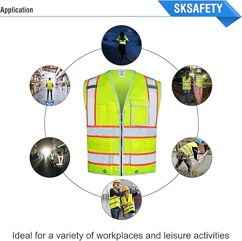 Miniatura 8 de SKSafety - Chaleco de seguridad amarillo reflectante de alta visibilidad Tipo R Clase 2 para hombre y mujer, 10 bolsillos, cumple con ANSIISEA