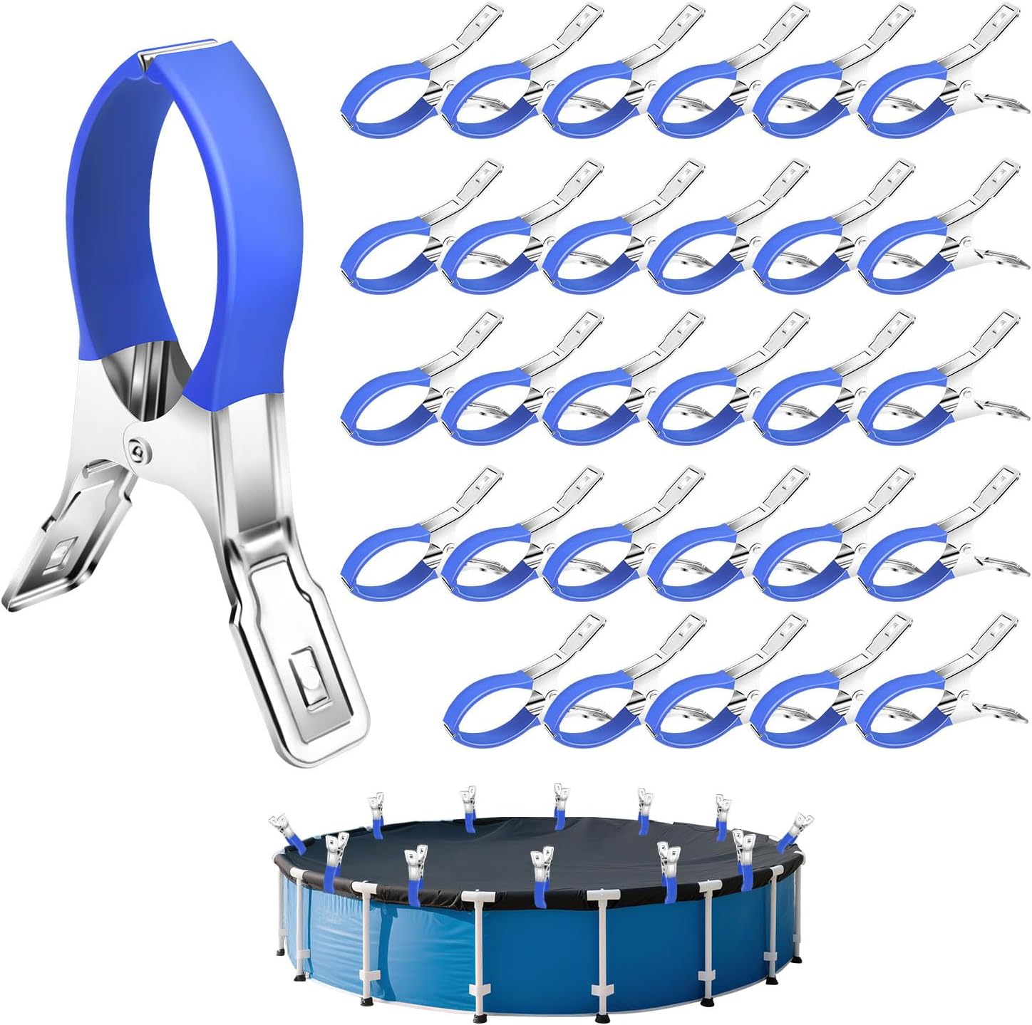 Pool Cover Clips for Above Ground Pools, 30PCS Stainless Steel Pool Cover Clamps, 5.5 Inch Lage Size Windproof Pool Clips for Winter Outdoor Above Ground Swimming Pool Cover Blue 30