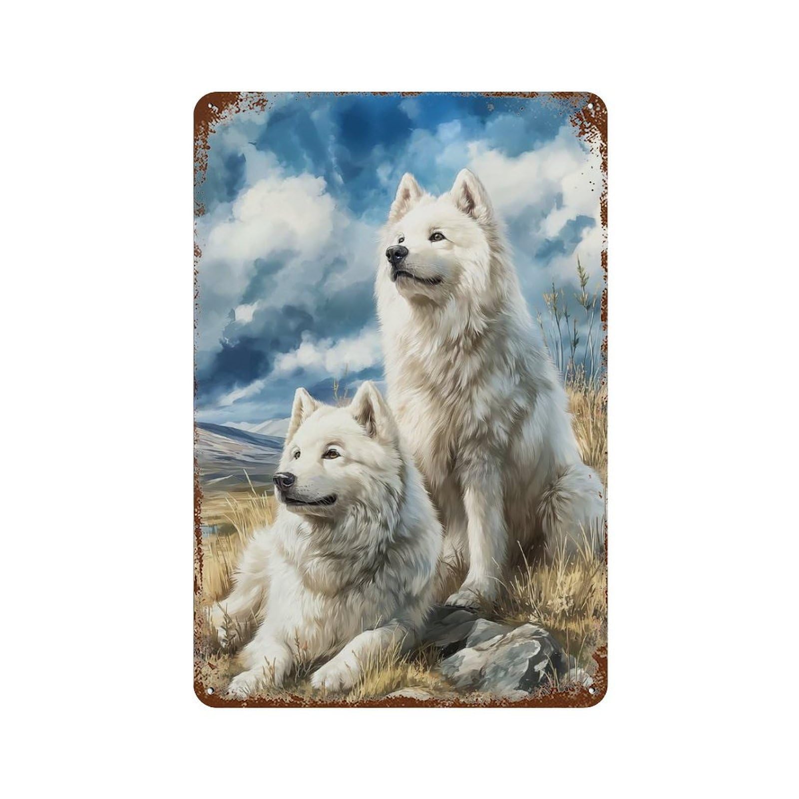 Two Samoyed Dogs in A Field Rusty Metal Tin Sign 11.8"x7.9", Rustic Home Decor for Living Room, Hallway And Home Decor