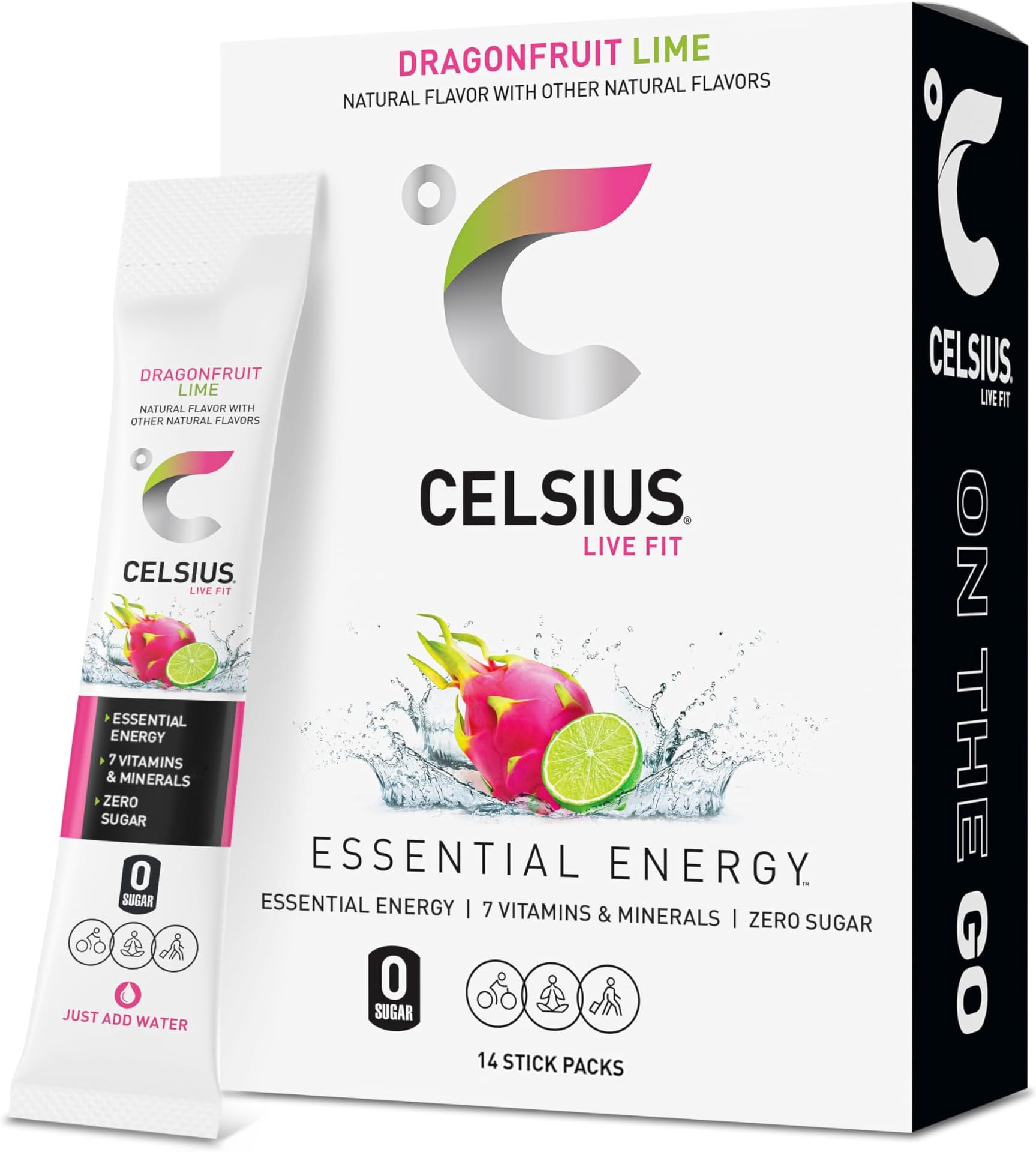 CELSIUS Dragonfruit Lime On-the-Go Powder Stick Packs, Zero Sugar (14 Sticks per Pack)