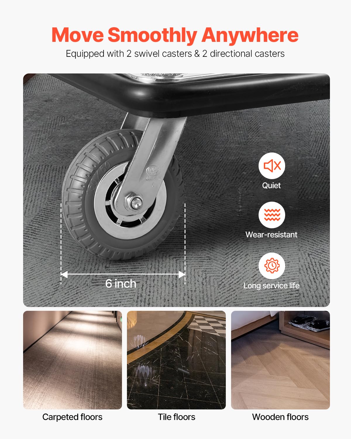 VEVOR Chariot à Bagages Hôtel, 340 kg, Chariot à Plate-Forme de Concierge, Cadre Avant Amovible, avec Moquette Grise, Roues Caoutchouc 15,24 cm, Porte-Bagages pour Hôtels, Condos, Complexes Hôteliers