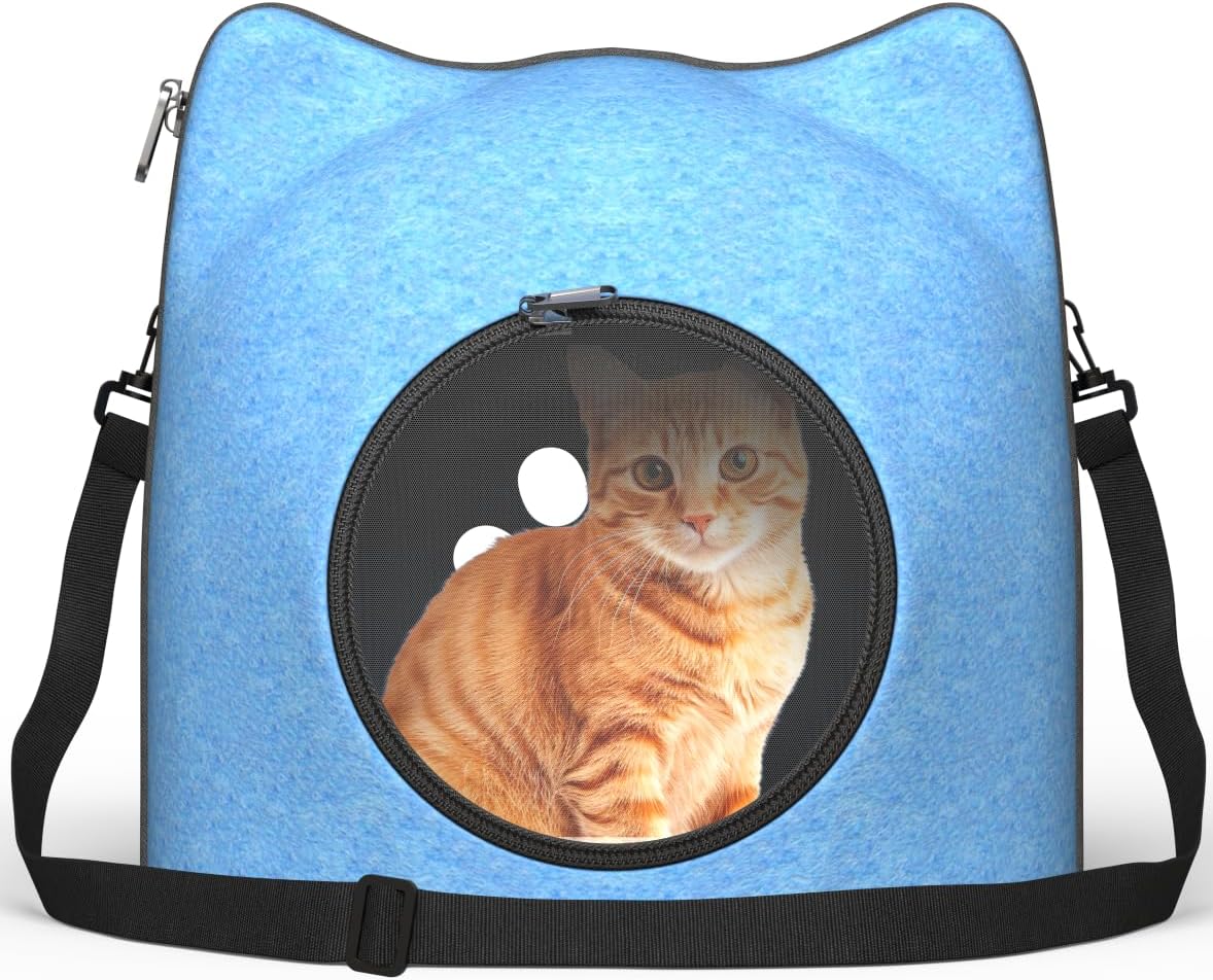 Cat Bed Cave & Hard Cat Carrier – Foldable Indoor Cat Hideaway for Small Dogs and Cats, with Removable Cushion, Travel Straps, Blue