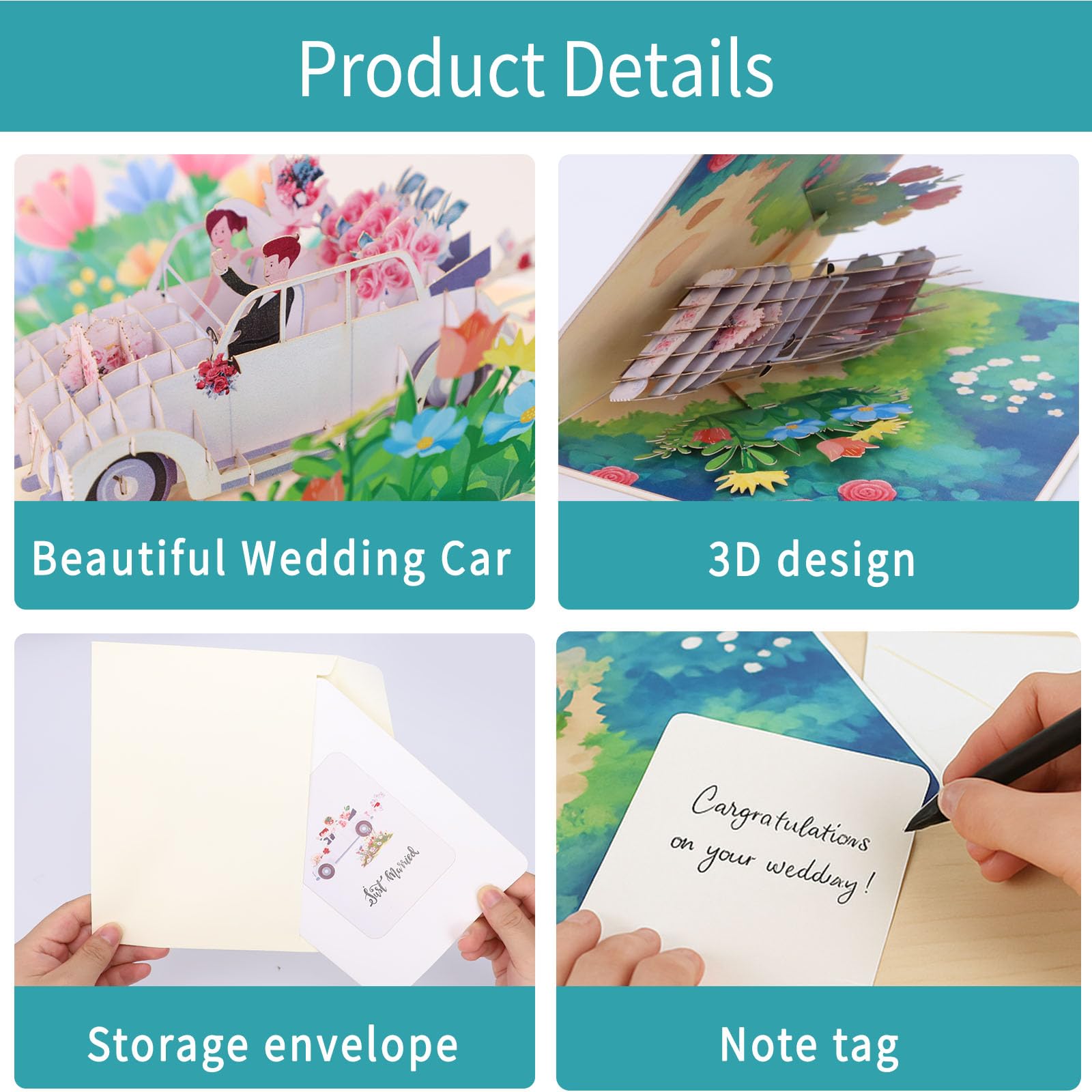 DOINEUFL 3D Pop Up Wedding Card Car, Just Wedding Cards for Bride and Groom Anniversary Card - Image 4