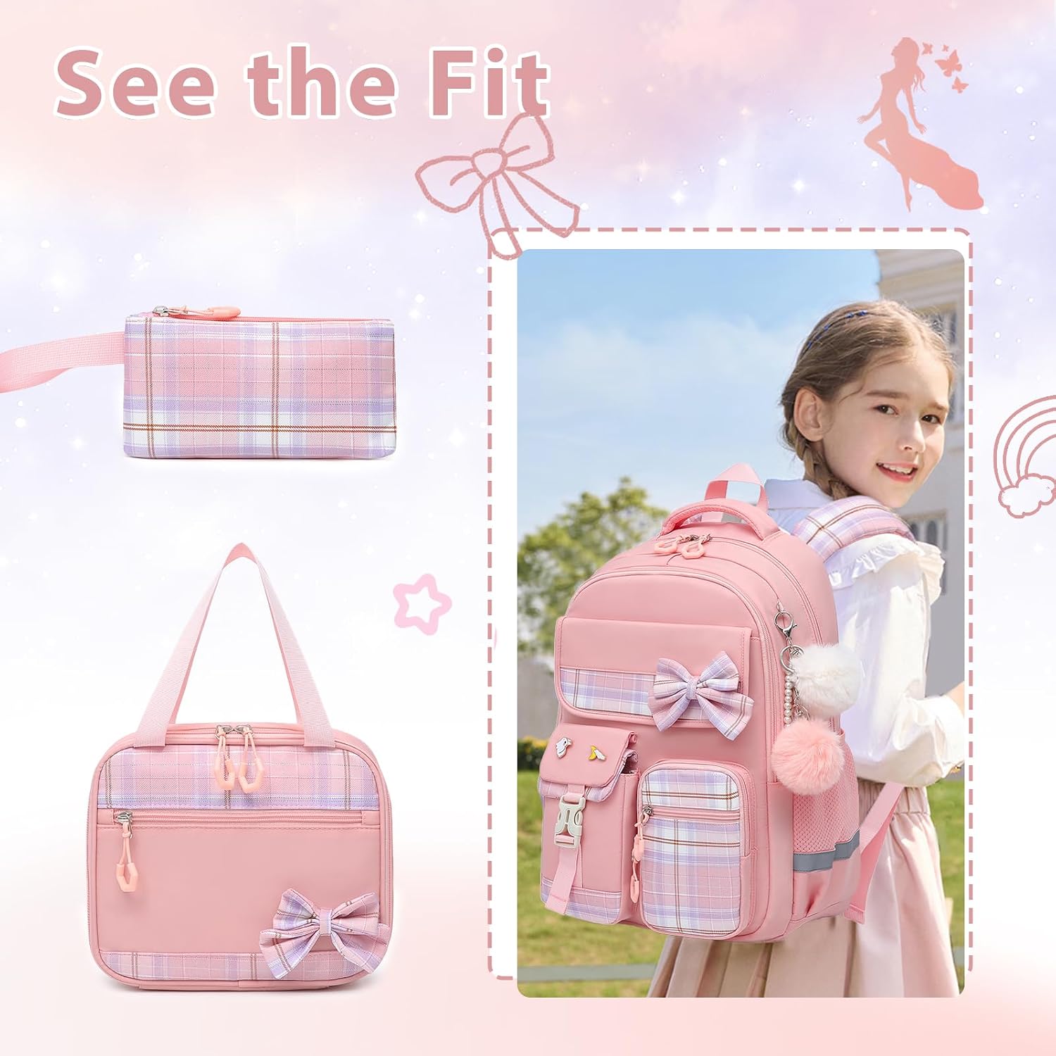 Alrisg School Backpack for Girls Kids Bookbag for Elementary Middle School Casual Travel Daypack Teen Backpacks Pink Set