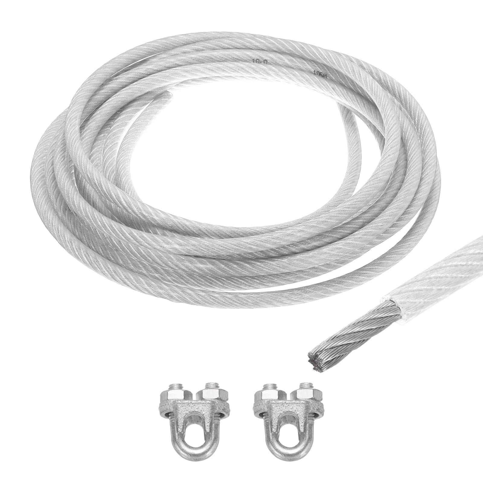 QUARKZMAN 6m Cavo Acciaio Rivestito Trasparente 10mm (3/8 pollici) con 2Pz Manicotti a Anello M10 Morsetti Stendibiancheria per Appendere Luci Corda, Ringhiere per Ponti, Filo Giardino