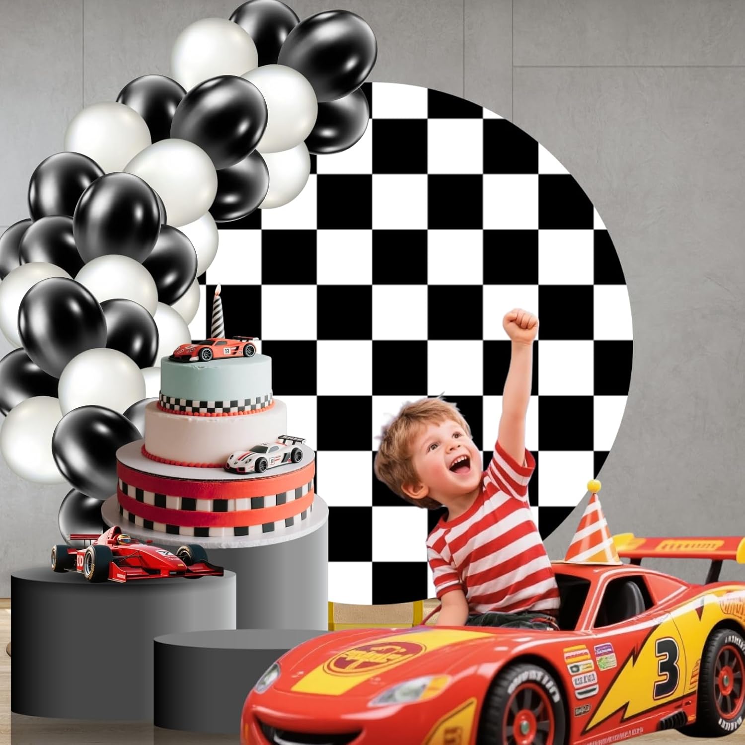 6.5x6.5ft Black and White Checkerboard Round Backdrop Cover Racing Theme Fabric Circle Background Themed Party Decorations Baby Shower Birthday Wedding Portrait Photo Booth Studio Props