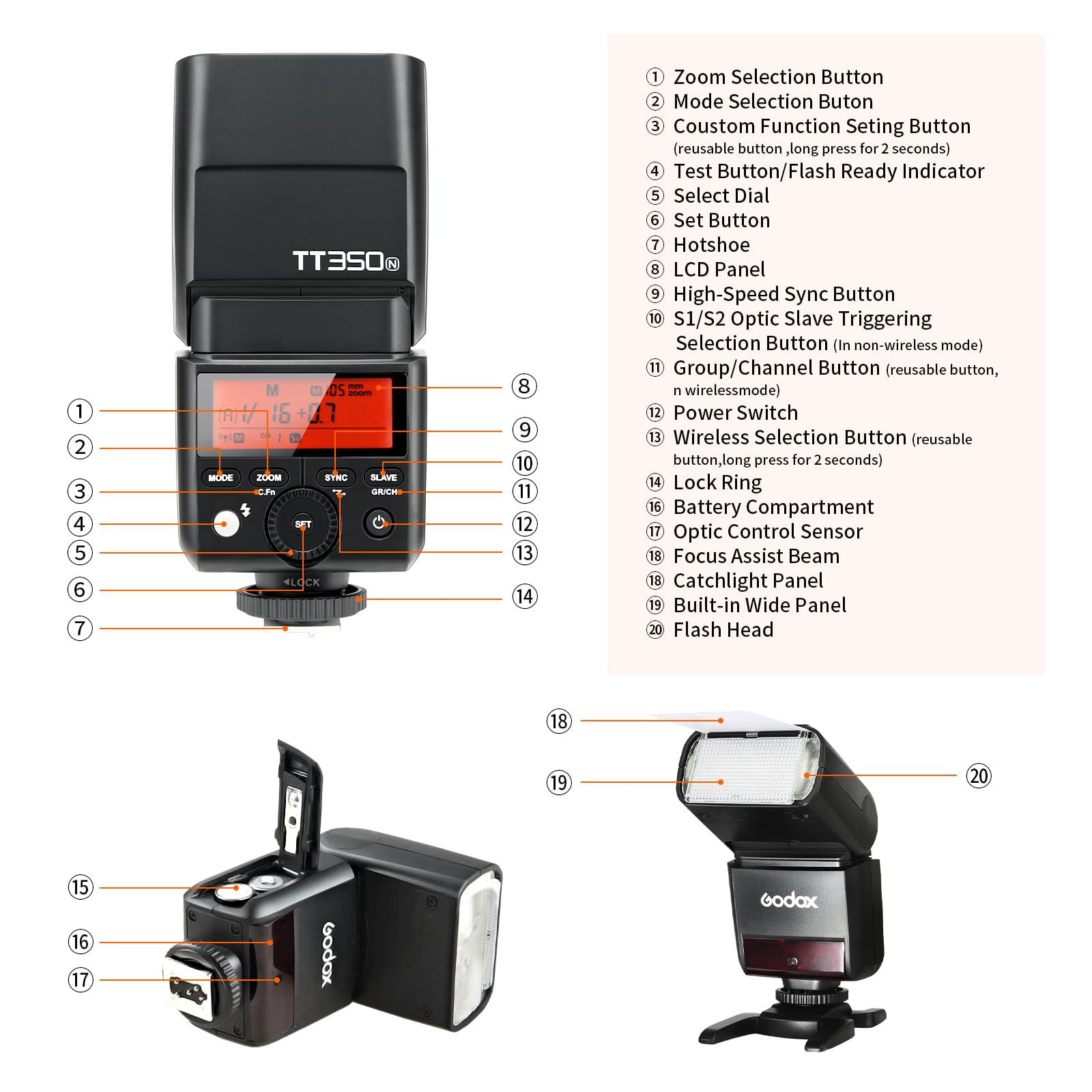 Godox TT350N Flash pour Appareils Photo Nikon, 2.4G TTL Compact Flash Speedlite HSS 1/8000S, Fonction Maître et Esclave, Environ 210 Flashs à Pleine Puissance, Externe Flash pour Appareil Photo Nikon