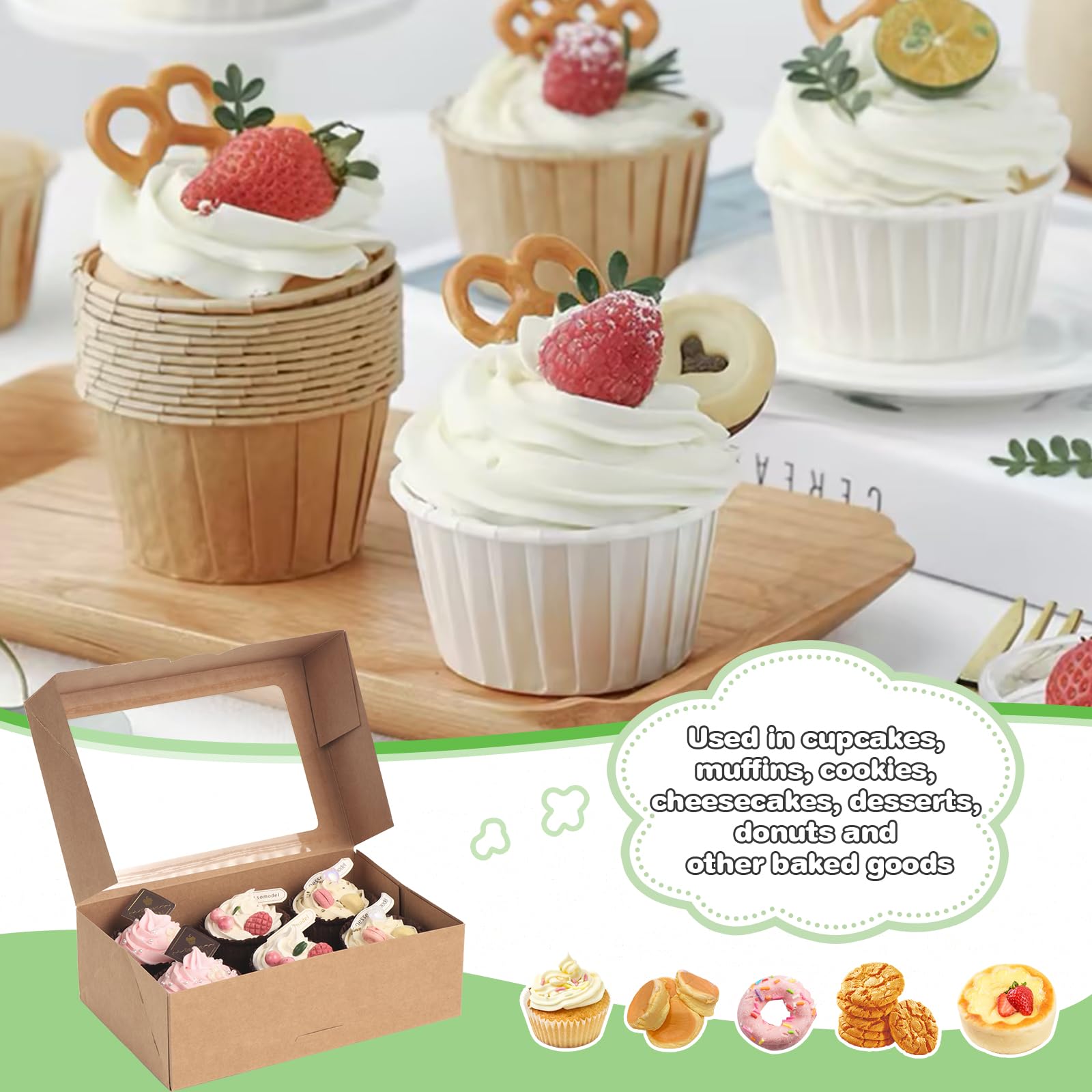 15 Stück Cupcake-Boxen 6er Mit Fenster – Vormontiert, Aus Karton, Mit Einsatz & Deko-Zubehör, 23,5x16x7,5 Cm