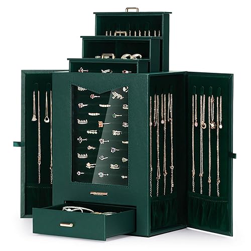Homde Jewelry Organizer with Transparent Window Necklace Hooks Gift for Women Jewelry Box Display Case for Necklaces Rings Earrings Bracelets and Other Accessories (Forest Green) - Forest Green