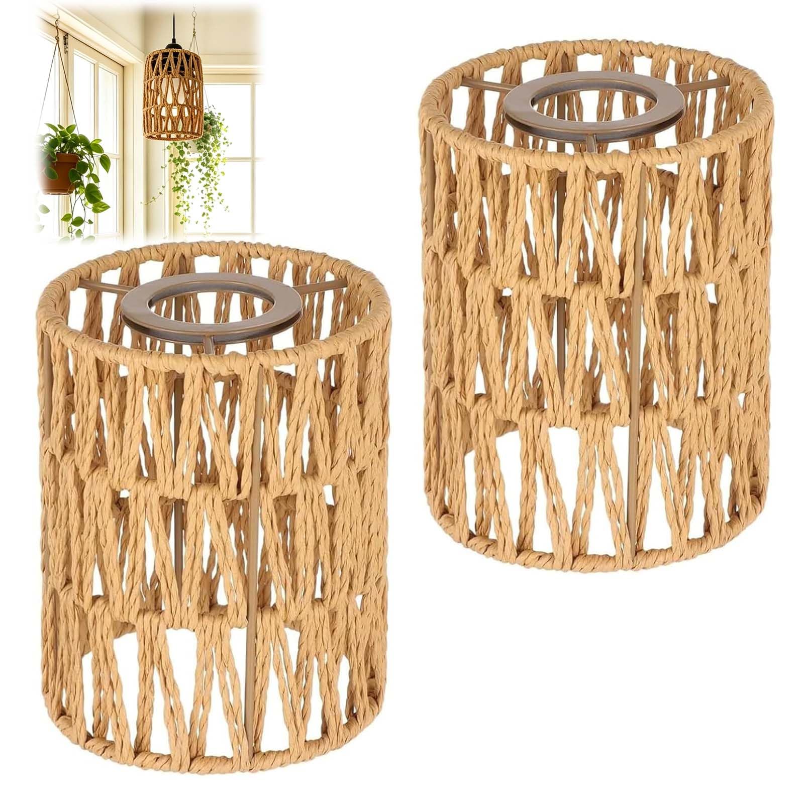 BIZOI 2Pcs Rattan Lampshade, Boho Style Handwoven Woven Replacement Lamp Shades, Natural Rattan Light Cover, Vintage Style Ceiling Light Shade for Living Room Bedroom Kitchen Hallways