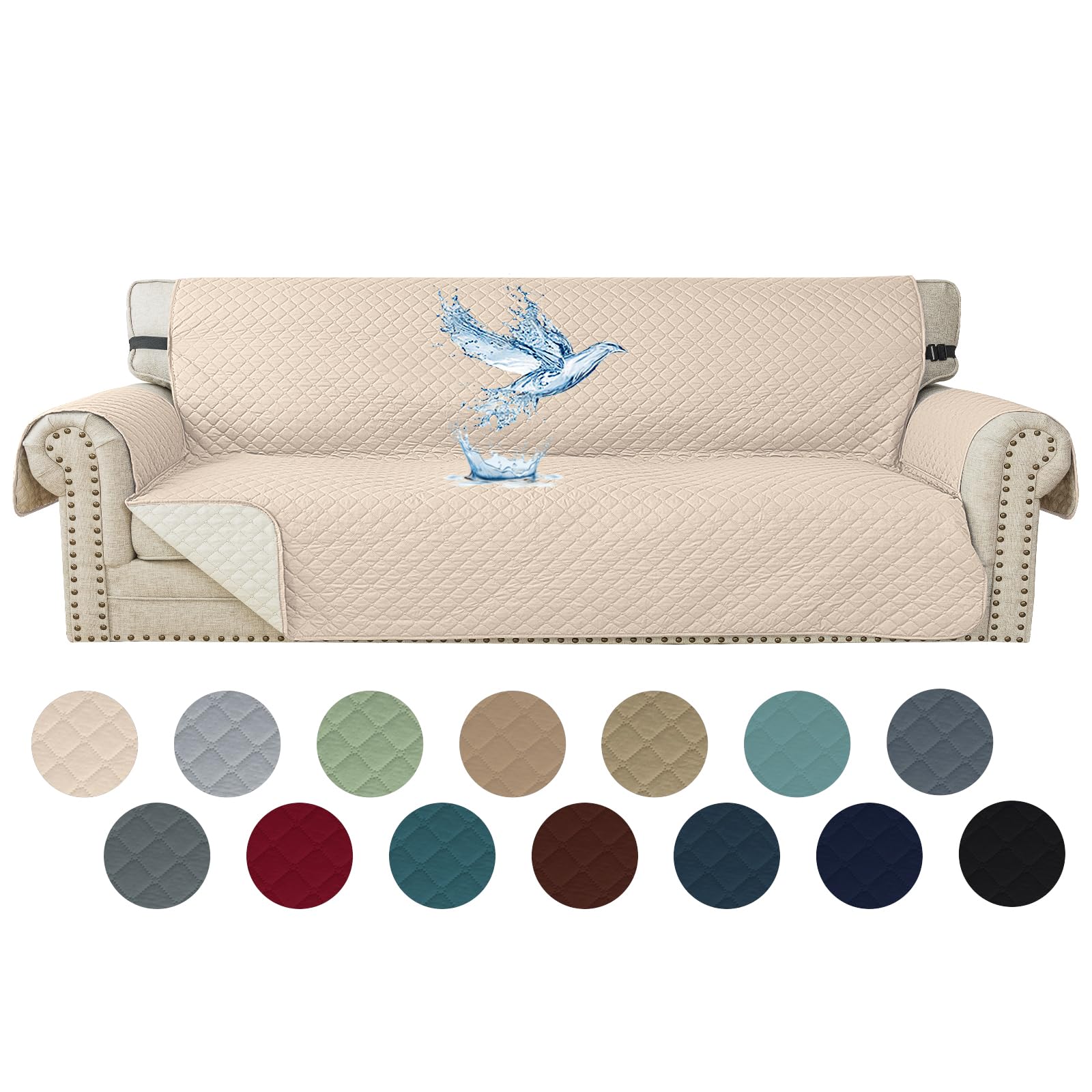 Waterproof 4-Seater Sofa Cover, Non-Slip Sofa Covers, Removable, with Side Pockets, Anti Cats Scratches and Pets Dogs, Stain Resistant, Washable, Beige Global Recycled Standard Global Recycled Standard Global Recycled Standard