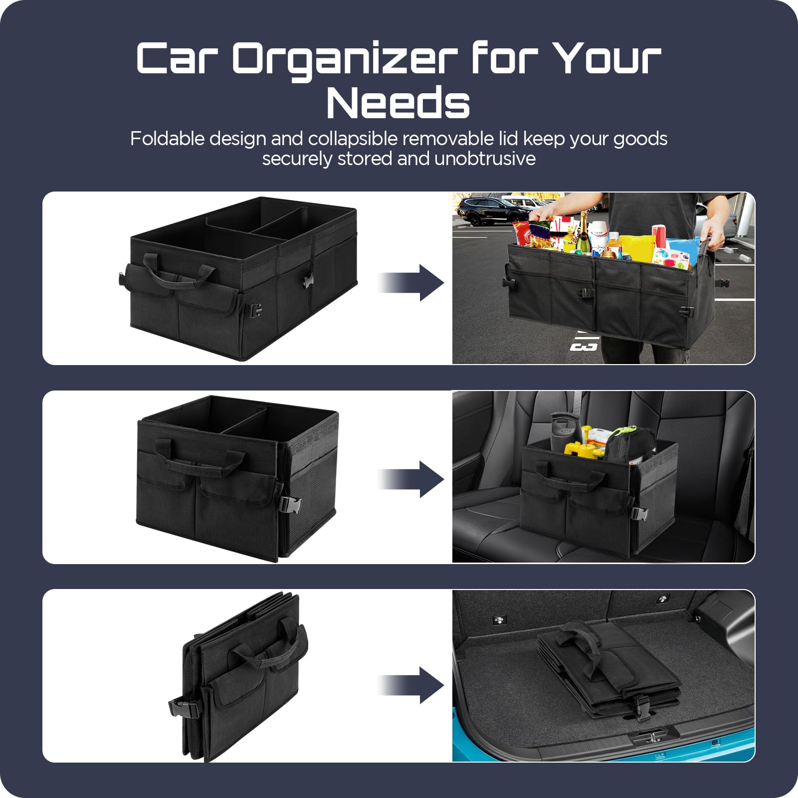 Cozary Rangement Coffre de Voiture avec Couvercle, 46 L Organisateur Voiture Pliable, Tissu Oxford Imperméable, Base Antidérapante pour Famille et Voyages