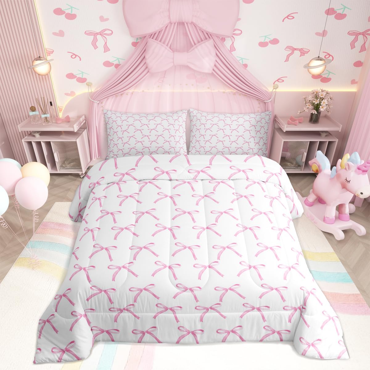 Cartoon Bowknot Kids Comforter Set King Size,Pink Bow Tie Butterfly Knot Princess Bedding Set,Girls Women Room Decor,Watercolor Bow Patchwork Down Comforter,Pink White Duvet Insert,2 Pillowcases