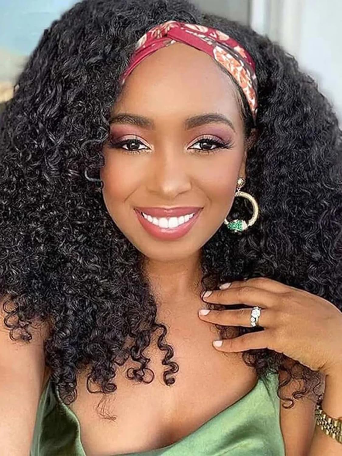 V SHOW Glueless Curly Headband Wig Human Hair 180% Density Thick Throw & Go Kinky Curly Headband Wigs for Women 22 Inch None Lace Front Wigs Wear and Go Glueless Human Hair Wigs