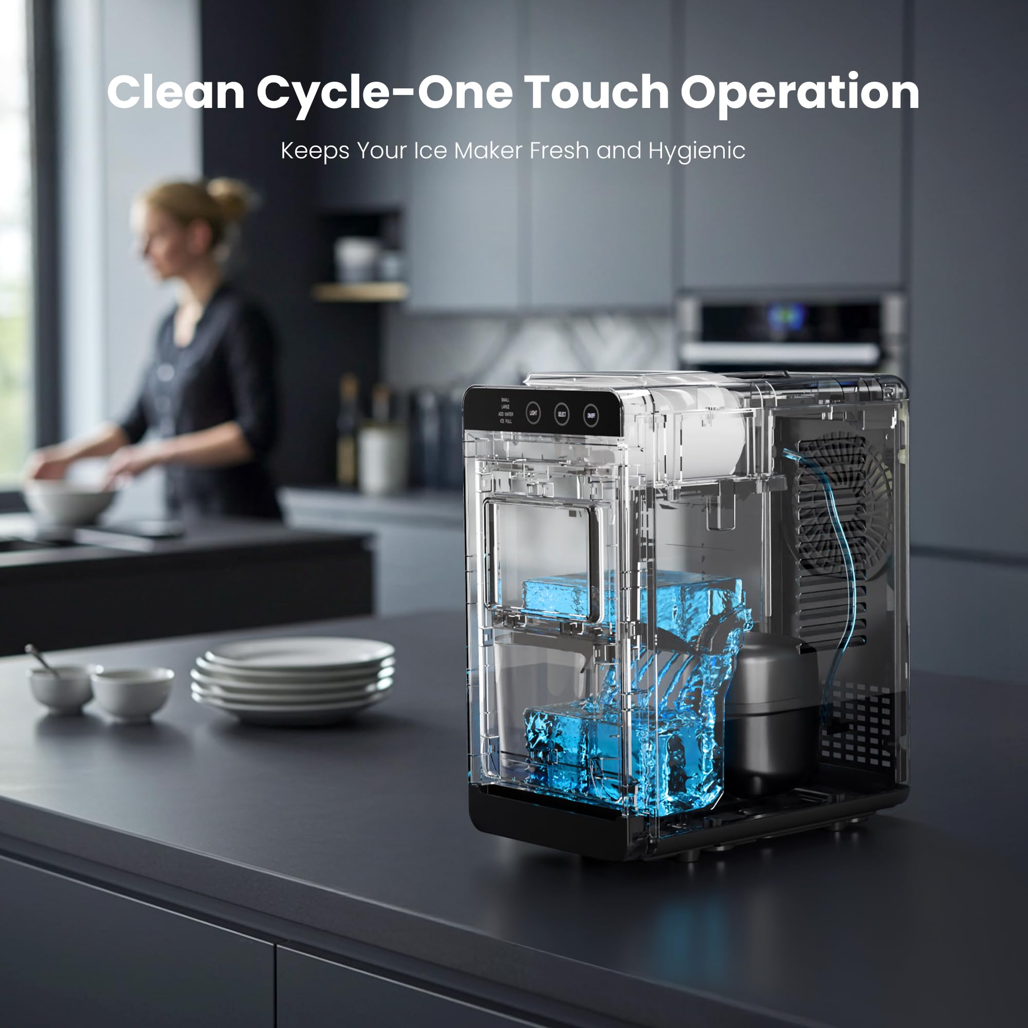 Electactic Ice Makers Countertop,26lbs/24h,8pcs In 6mins,Portable Ice Maker Machine With Self-Cleaning,Interior Lighting,2 Sizes Of Bullet Ice For Home/Office/Party(Stainless Steel) on Fridge.com - View 5