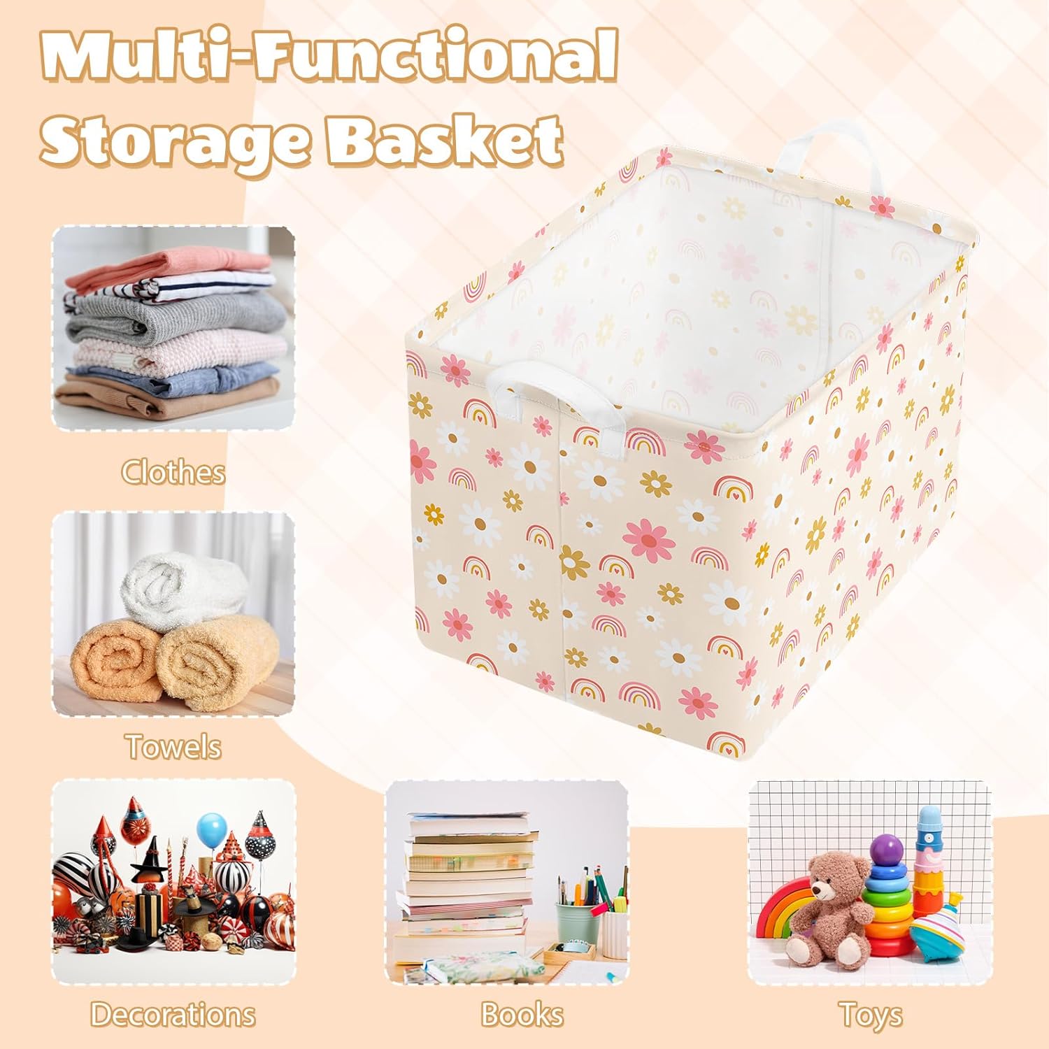 Large Storage Baskets for Organizing 40*30*30cm Collapsible Laundry Basket with Handles Fabric Nursery Storage Bins for Books Clothes Room Deco Flower