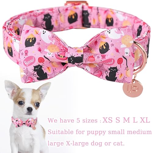 Miniatura 2 de Collar de perro de Halloween con pajarita y flor, pajarita de algodón y collar de perro de flores para niños o niñas, lindo collar rosa cómodo para