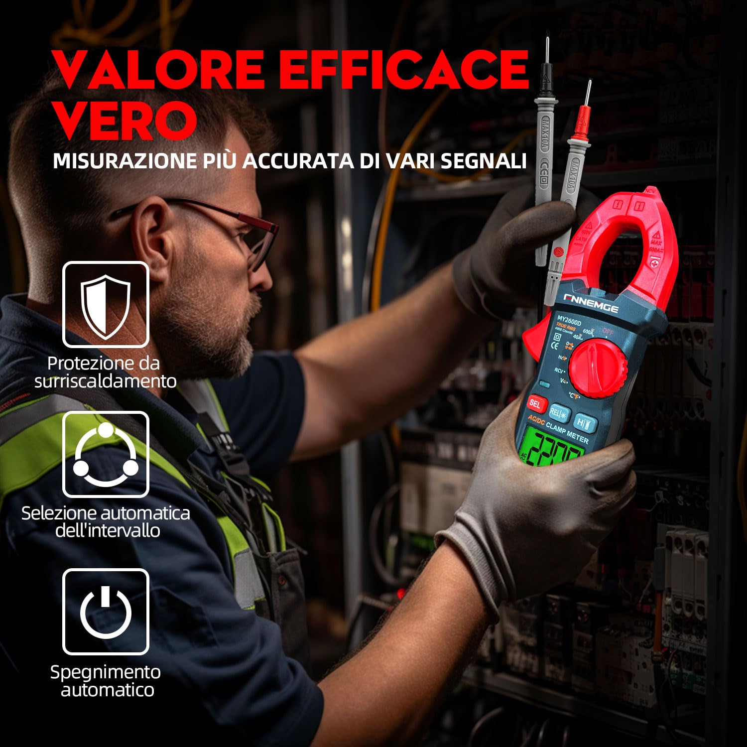 FNNEMGE Pinza Amperometrica Digitale DC/AC: 0-600A, Multimetro Valore Efficace vero 6000 Conteggi, Misurazione NCV Corrente Alternata/Corrente Continua, Tensione, Resistenza