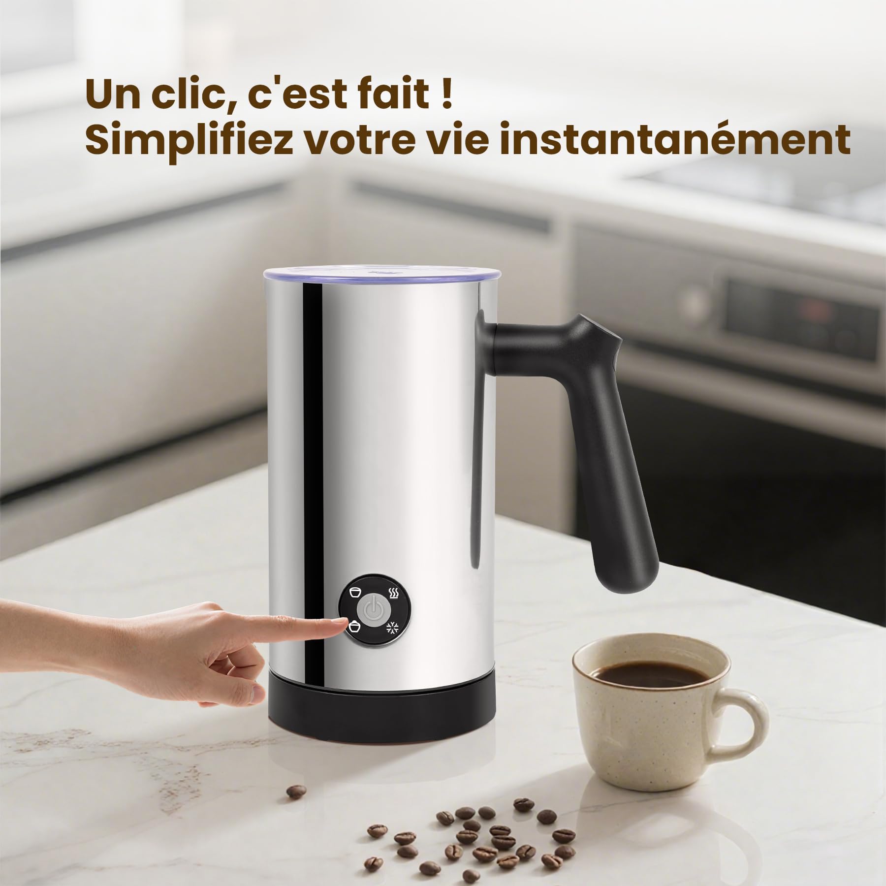 Mousseur à Lait Électrique 4 en 1 avec Chauffe Lait et Mousse Chaude Froide, Commande par Boutons, Carafe en Acier Inoxydable à Nettoyage Facile pour Café Latte Cappuccino