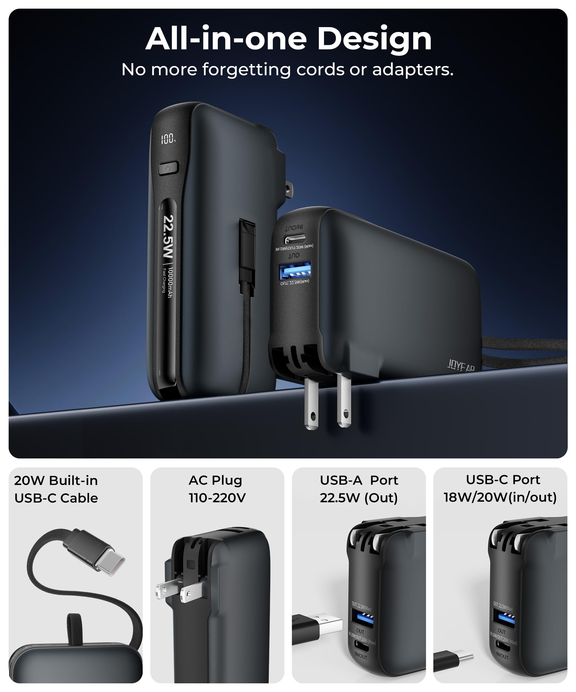 JOYFAR 1 Pack Portable Charger with Built-in USB-C Cable & Plug, 10,000mAh 5V/4.5A Power Bank Fast Charging 22.5W, Travel Essential Battery Pack 3 Output for iPhone 16/15 Series, Samsung Galaxy, iPad