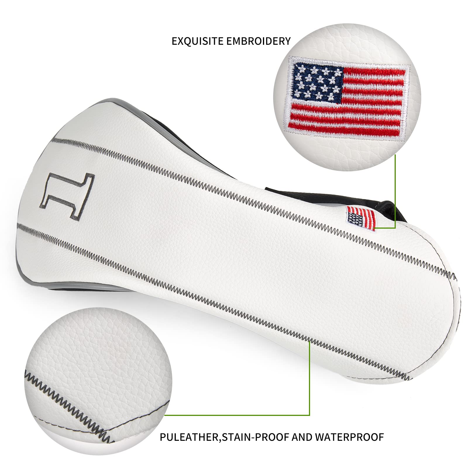 Yueaglesky Golf Club Head Covers - Driver, Fairway #3#5, Hybrid Headgear - USA Flag Design - PU Leather - 3 Piece Set for Men and Women