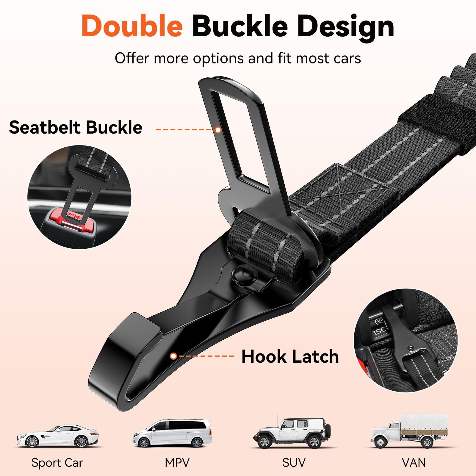 2 pezzi Cinture di Sicurezza per Cani Auto, Guinzaglio Elastico Regolabile con Moschettone e Gancio, Pettorina da Auto Riflettente con Chiusura Rotante a 360° per Animali, Nero