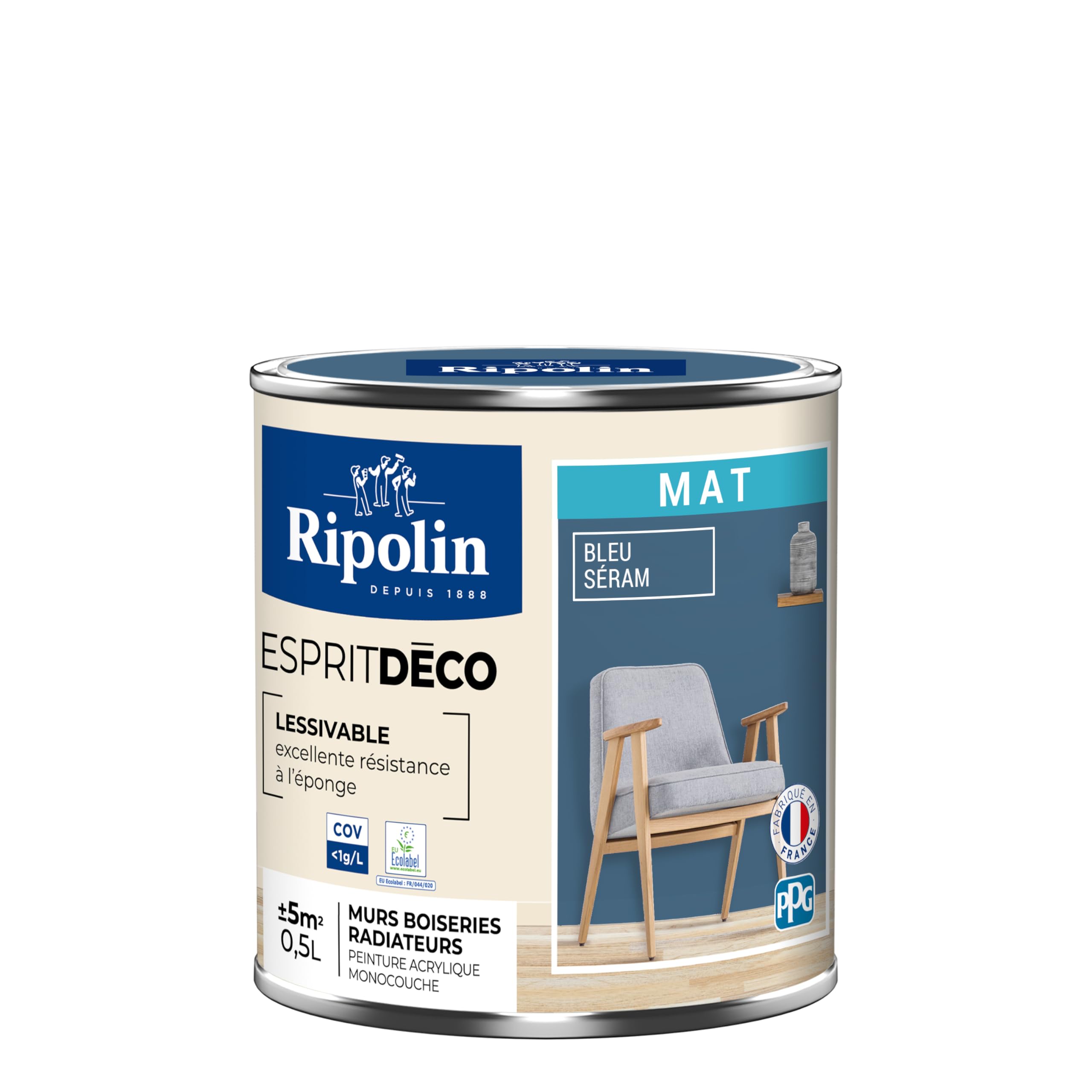 RIPOLIN - Peinture Intérieure Multi-​Supports – Murs, Boiseries et Radiateurs – Ultra Couvrante – Lessivable – Application Facile – Ecolabel - Aspect Mat - 0.5L - Bleu Seram