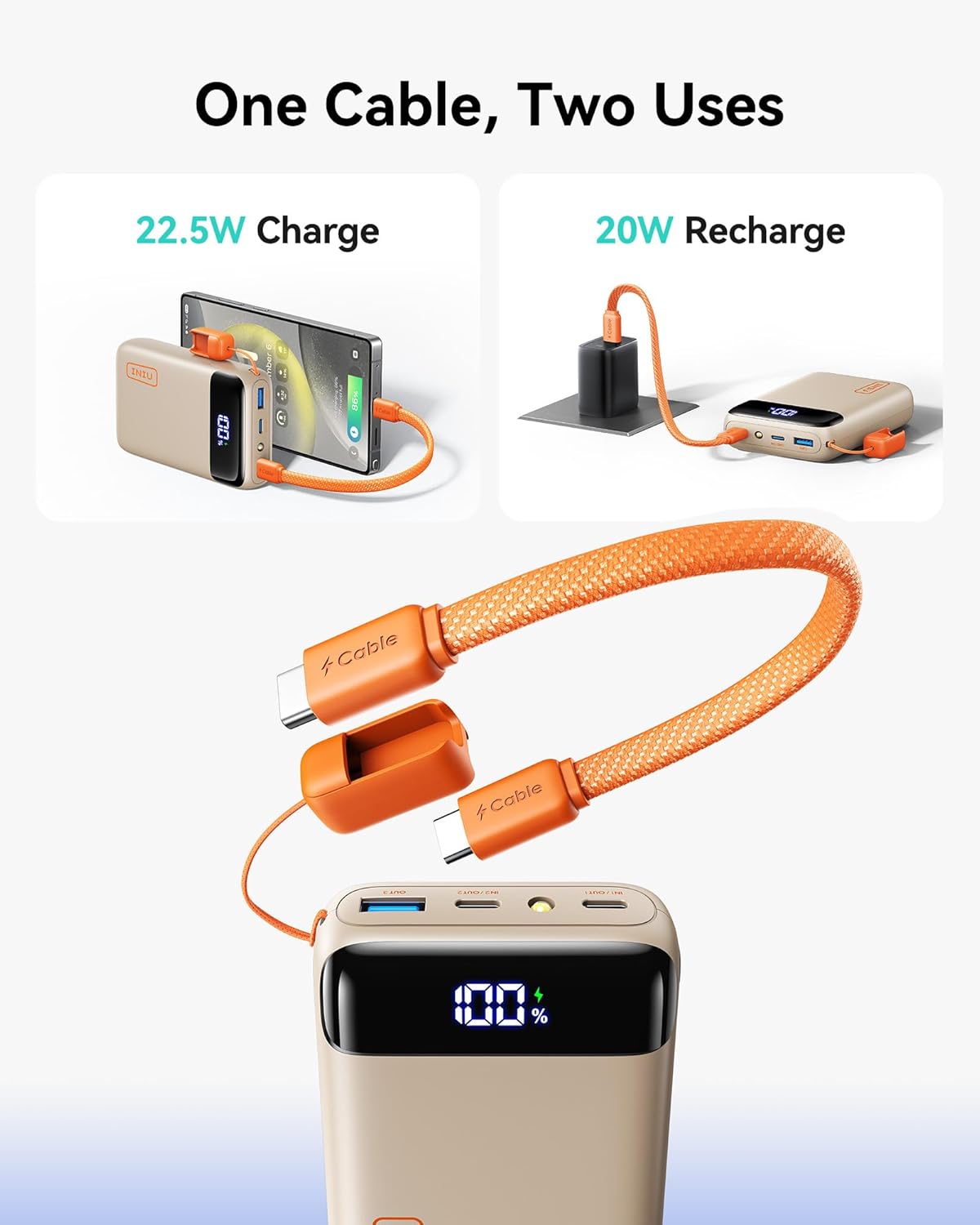 INIU Portable Charger showing its built-in USB-C cable being used for 22.5W charging and 20W recharging.