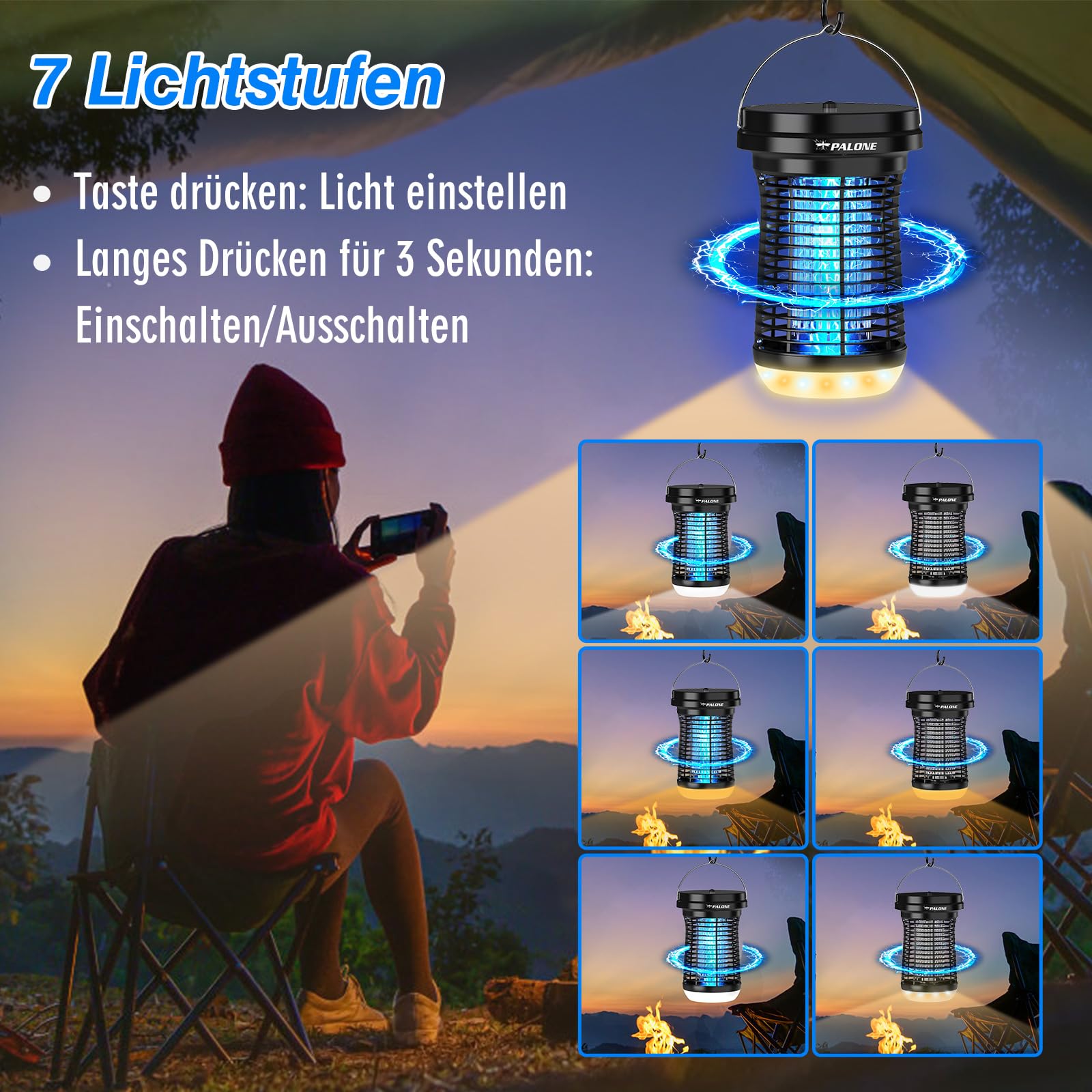 PALONE Insektenvernichter Elektrisch Solar LED, 4500V USB C Wiederaufladbar Elektrischer Mückenlampe mit 3,5W/5V Sonnenkollektor & 3,5M Kabel und Type C Ladekabel für Innen Außen