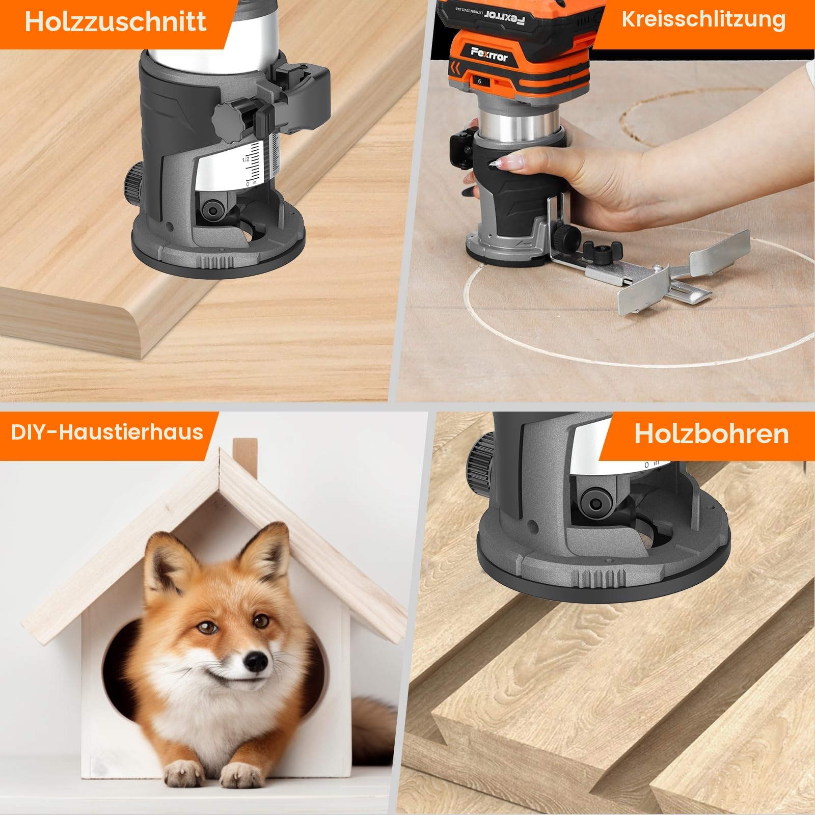 Akku Oberfräse für Makita 18V, Brushless Akku Kantenfräse mit 3 Spannzangen (1/4", 6 mm und 8 mm), 30.000 U/min, 5 Fräser (no Akku)