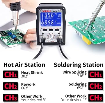 YIHUA 995D+ 2 in 1 Hot Air Rework and Soldering Iron Station with 3 Memories, Large LCD Screen Display, Cool/Hot Air Conversion, Sleep Mode, F /C