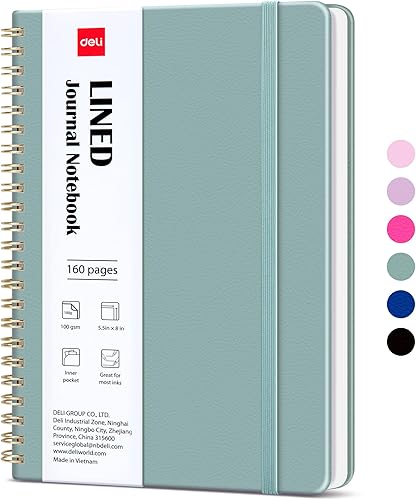 deli Cuaderno de diario en espiral forrado verde, 160 páginas, A5 (5.5 x 8 pulgadas), cuaderno de escritura de tapa dura, diario encuadernado en