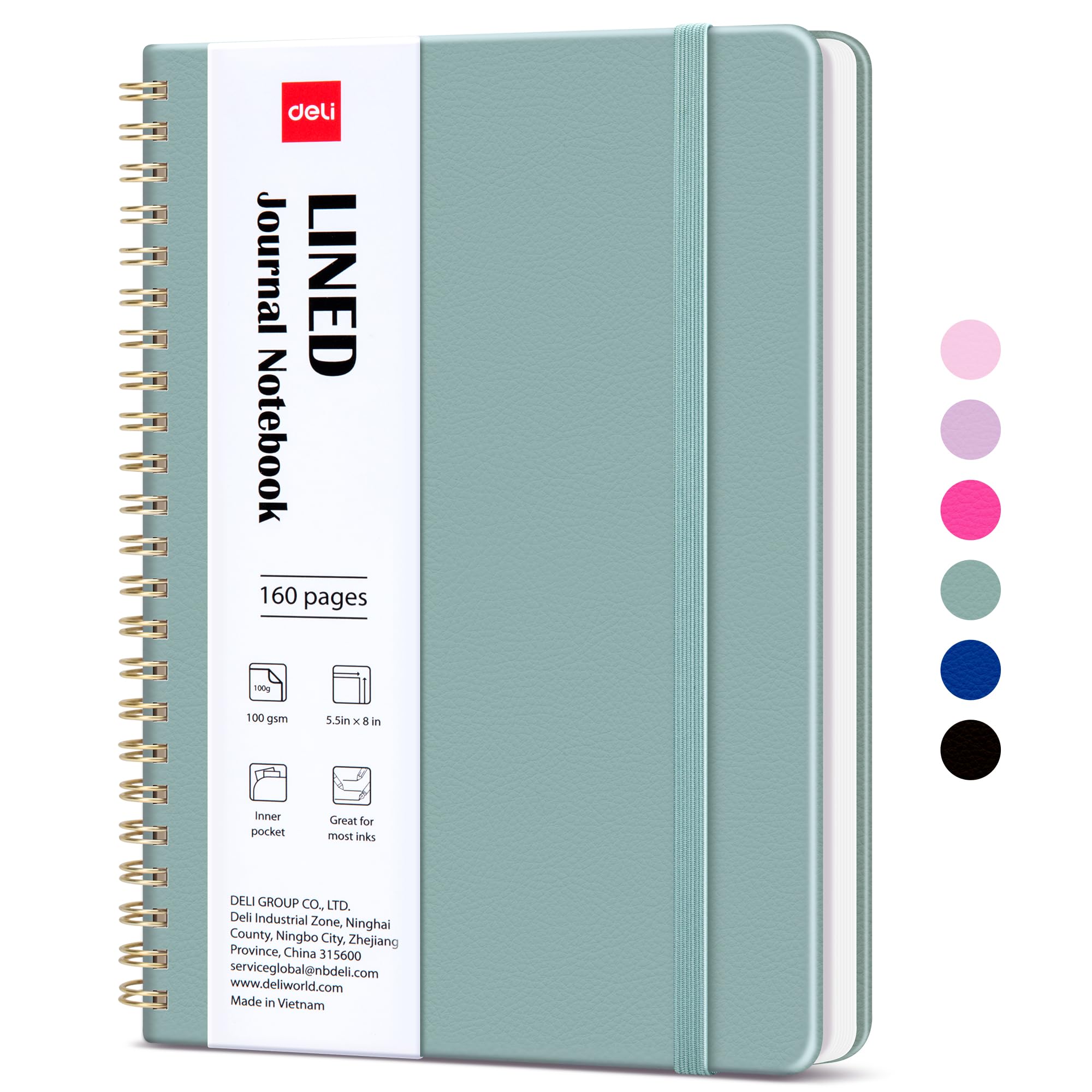 deli Green Lined Spiral Journal Notebook, 160 Pages, A5 (5.5"x8") Hardcover Writing Notebook, College Ruled Spiral Bound Journal for Women & Men -