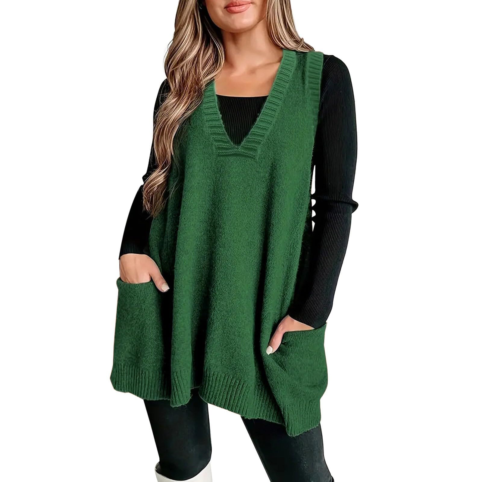 Sweater Vest Women Sleeveless V Neck Knit Sweater Dress Oversized Tunic Top Loose Fit Pullover Sweater with Pockets