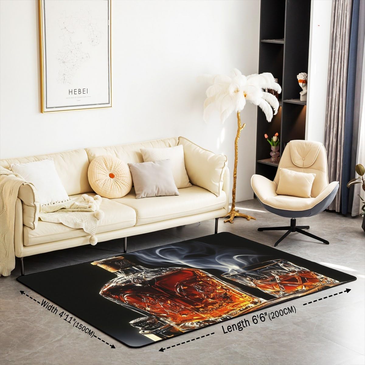 Whisky Kids Area Rug,Whiskey Glass Smoke Modern Fashion Indoor Floor Mat Entrance Rug for Boys Man,Wine Drinks Western Non Slip Rug,Black Unique Couch Living Room Decor,3'x5'