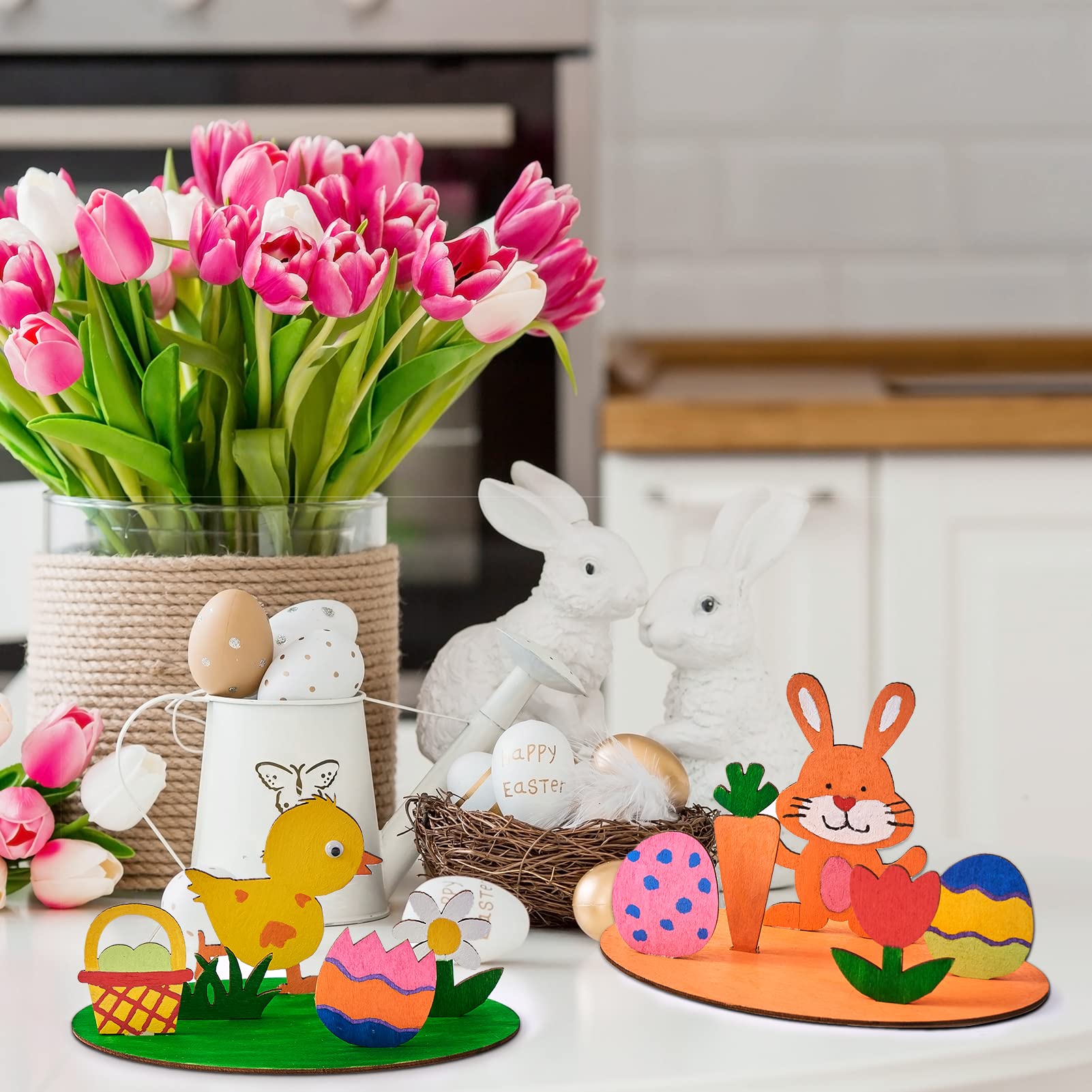 Oster-Bastelset Für Kinder – 6 Holzfiguren Zum Bemalen (Hasen & Küken), Inkl. Pompons, Wackelaugen & Mehr