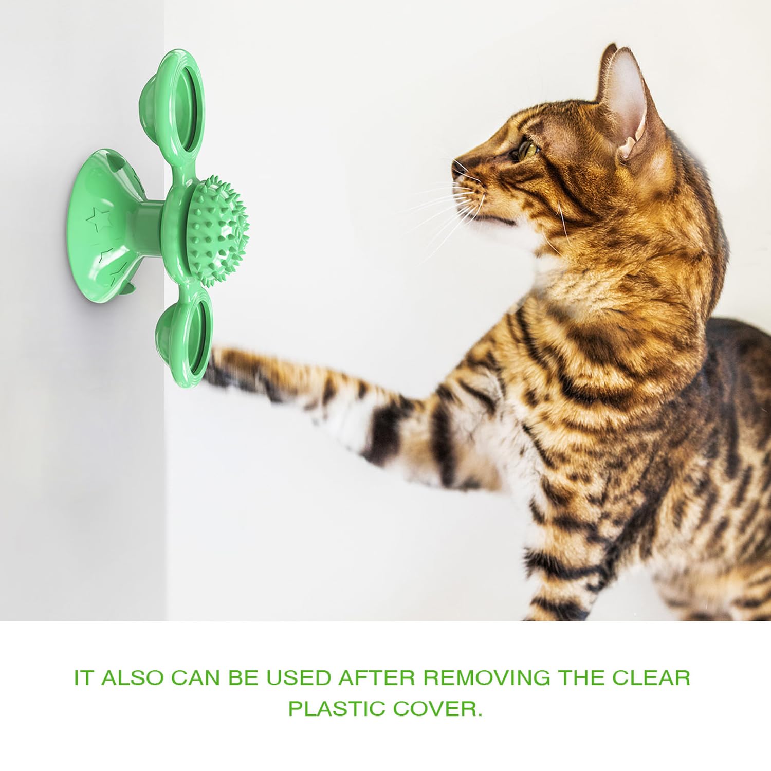 Giocattolo interattivo per gatti, girevole, multifunzione, per interni, massaggi, con erba gatta, palla e ventosa, design sicuro e durevole (verde)