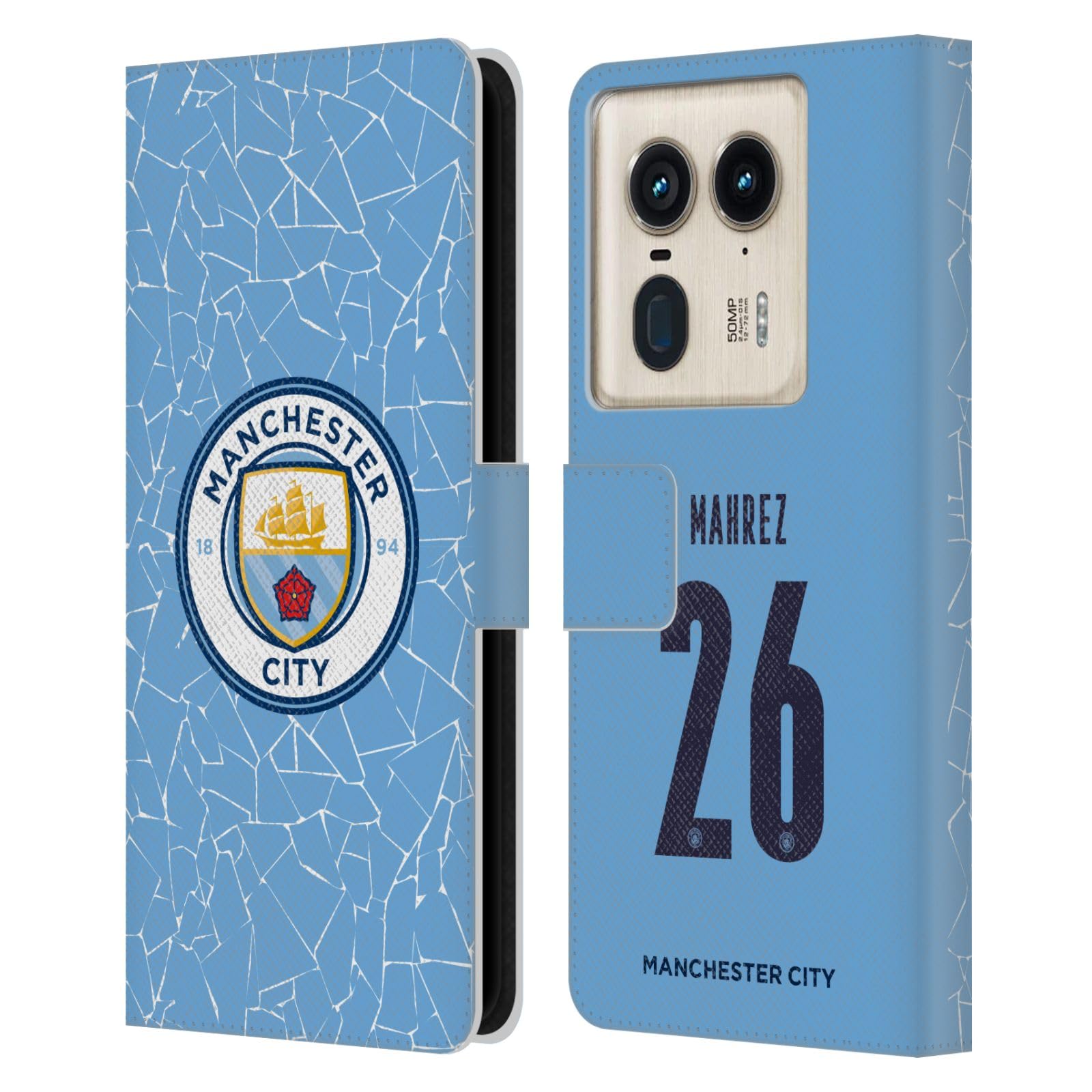 Head Case Designs Officially Licensed Manchester City Man City FC Riyad Mahrez 2020/21 Players Home Kit Group 1 Leather Book Wallet Case Cover Compatible with Motorola Edge 50 Ultra/X50 Ultra